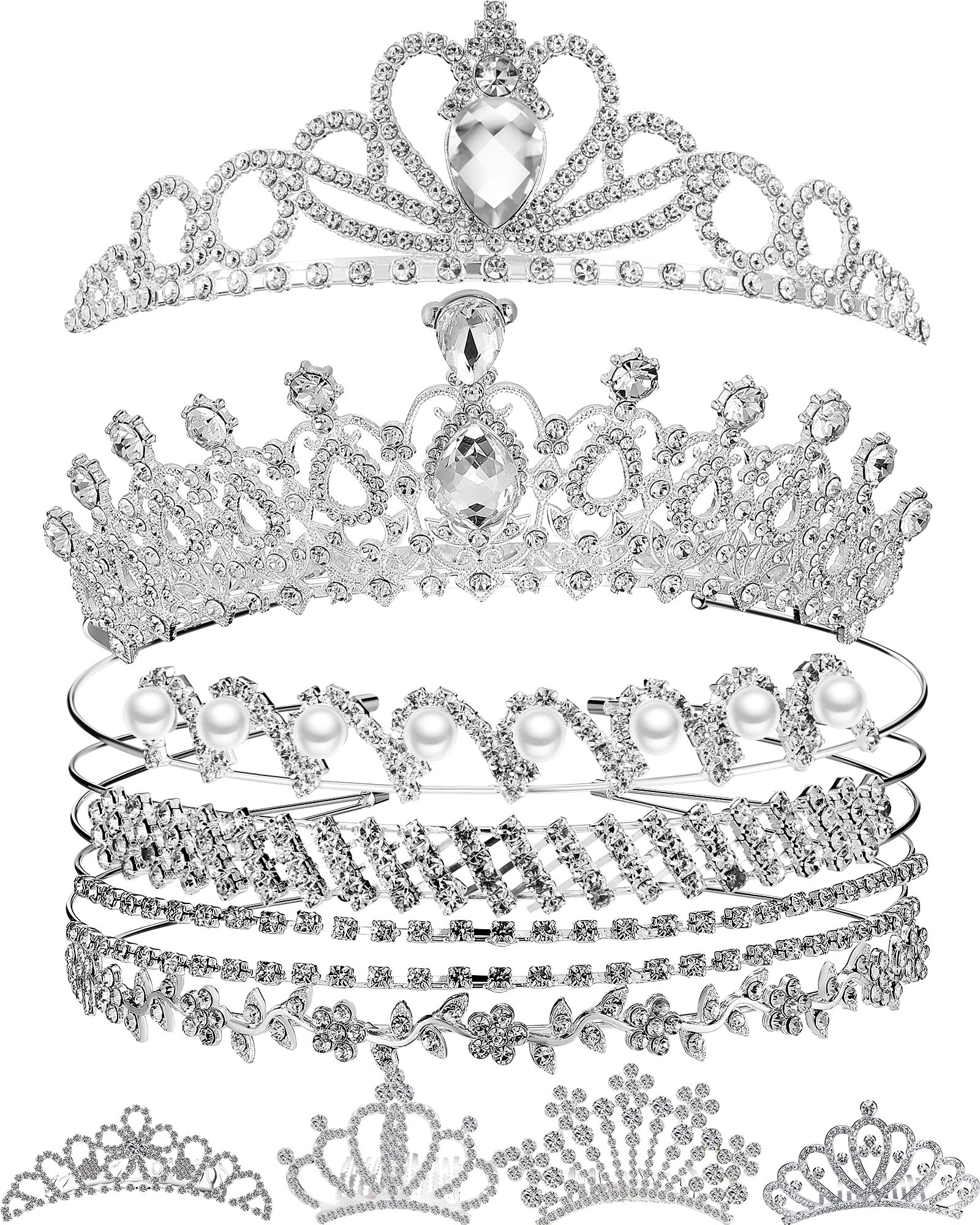 Hoteam 10 Pcs Tiara Crowns for Women Silver Tiara Princess Crown Rhinestone Headbands Wedding Hair Accessories for Women Bride W