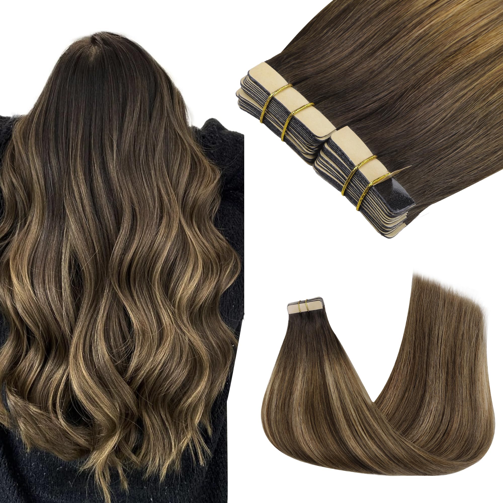 Goo Goo Tape In Hair Extensions Human Hair, 4D/14/5B Brunette Balayage, 14Inch 100G 40Pcs, Thick Ends Straight Seamless Tape In,