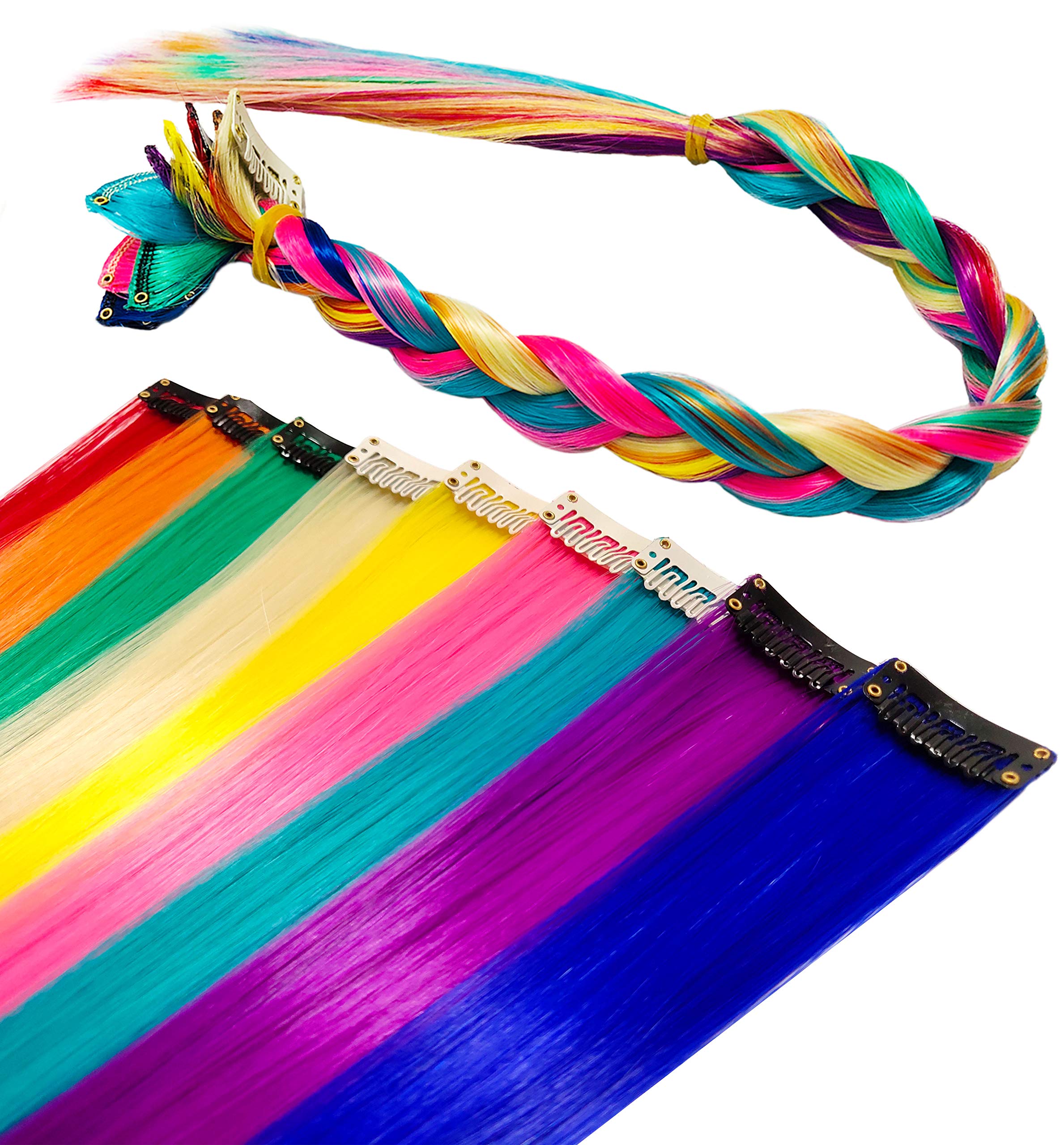 SARARHY 9PCS Fashion Hair Accessories Clip in/On Rainbow Wig Pieces for Amercian Girls and Adults Colored Hair Extension Party H