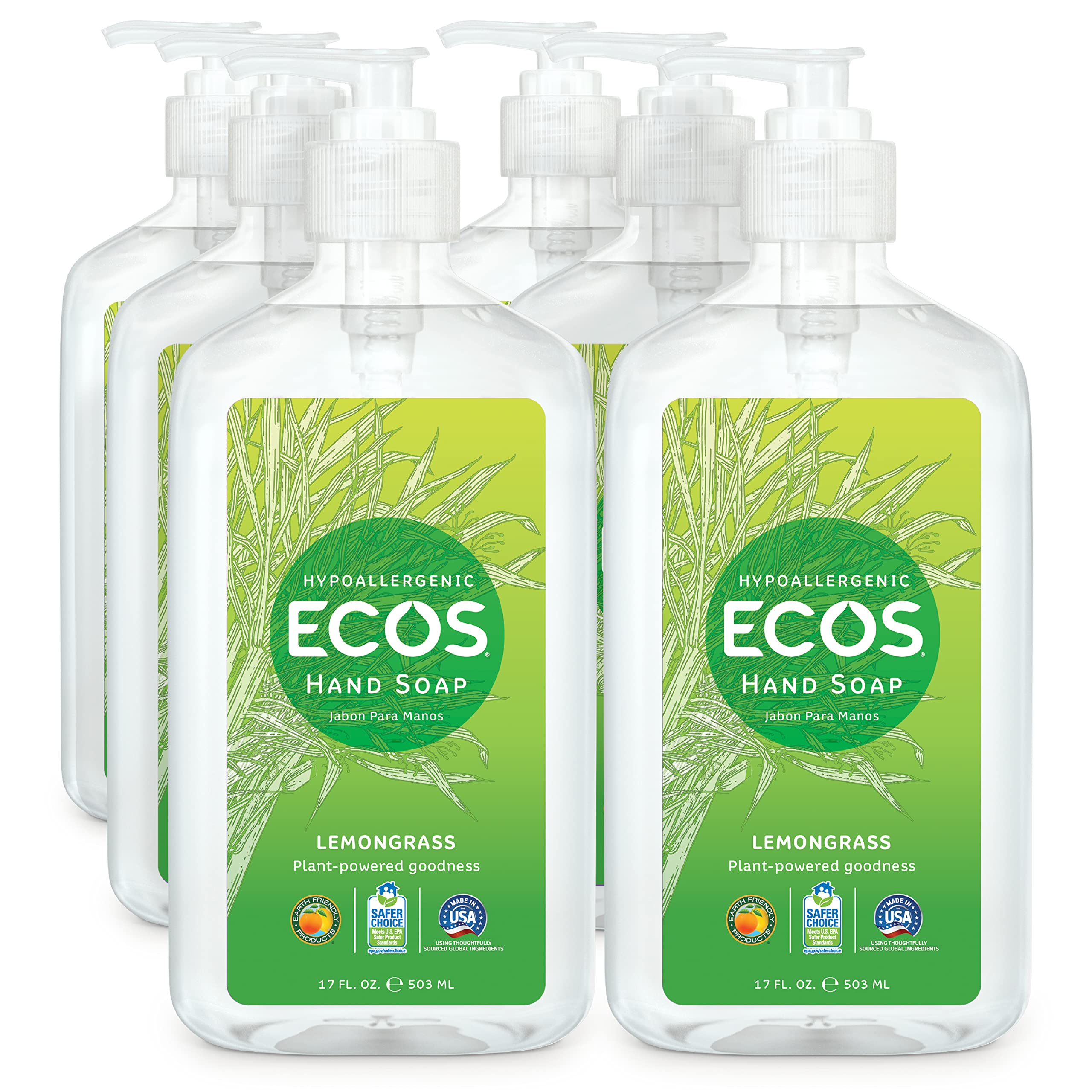 ECOS Hand Soap, Hypoallergenic Lemongrass, 17oz Bottle (6 pack) by Earth Friendly Products
