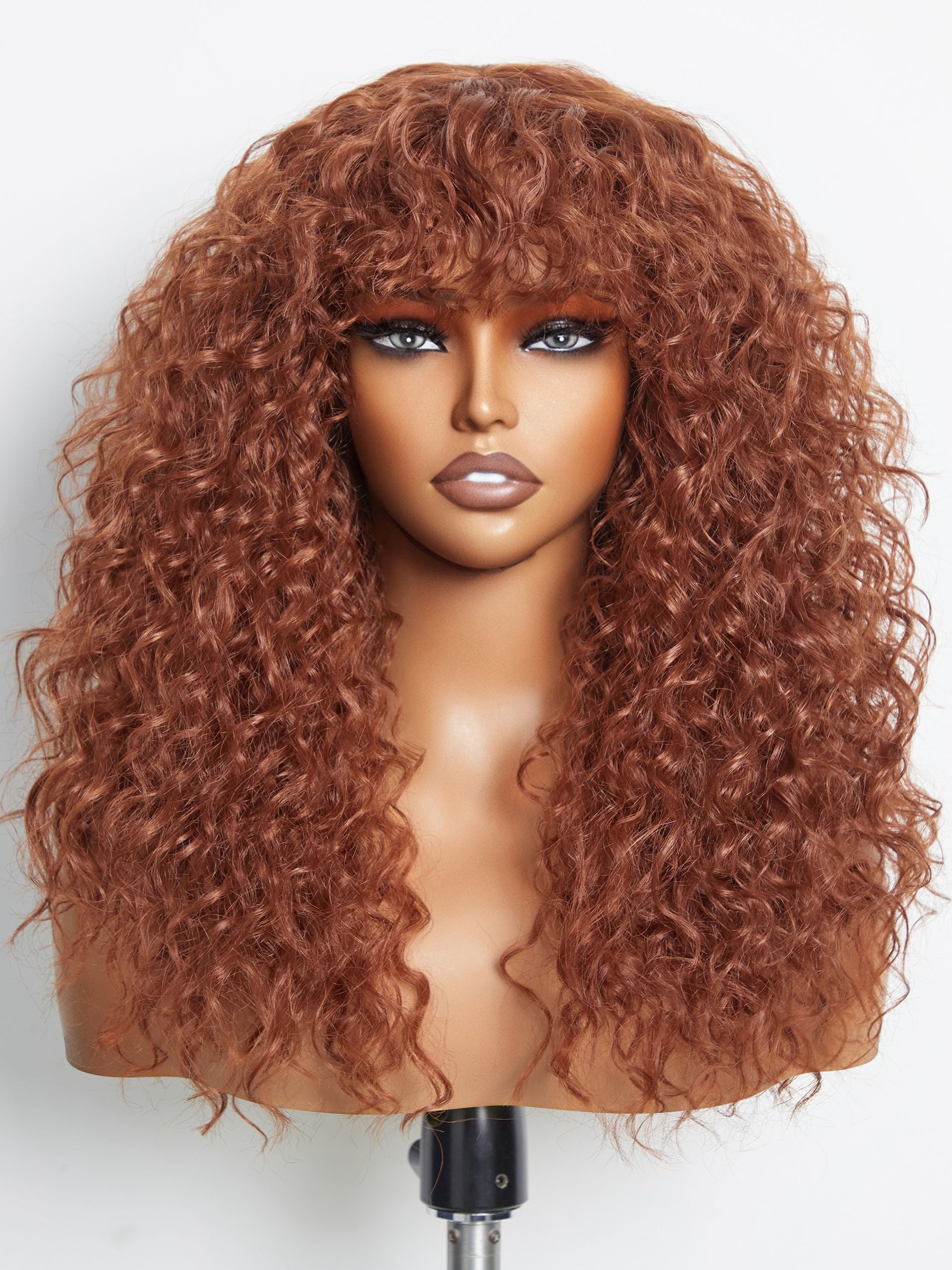 GORGIUS Shaggy Haircuts Curly Wig with Bangs Ginger Brown Wigs Crafted with Style-Archive Technology: Premium Fiber & Remy Human