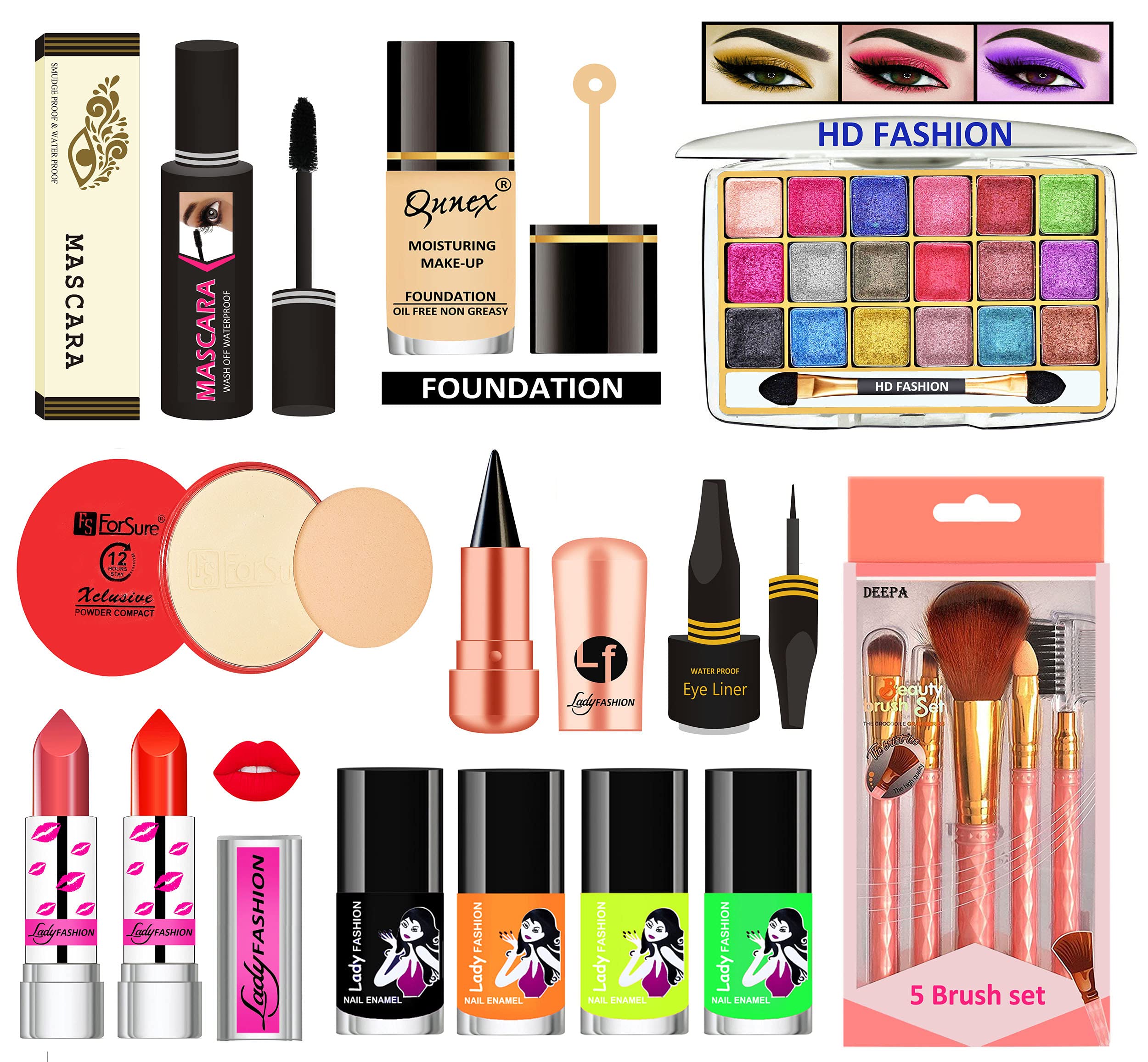 Hd Fashion Women Girls Lightweight Professional Makeup Kit Combo Of Mascara, Foundation, Eyeshadow, Foundation, Kajal, Eyelinear