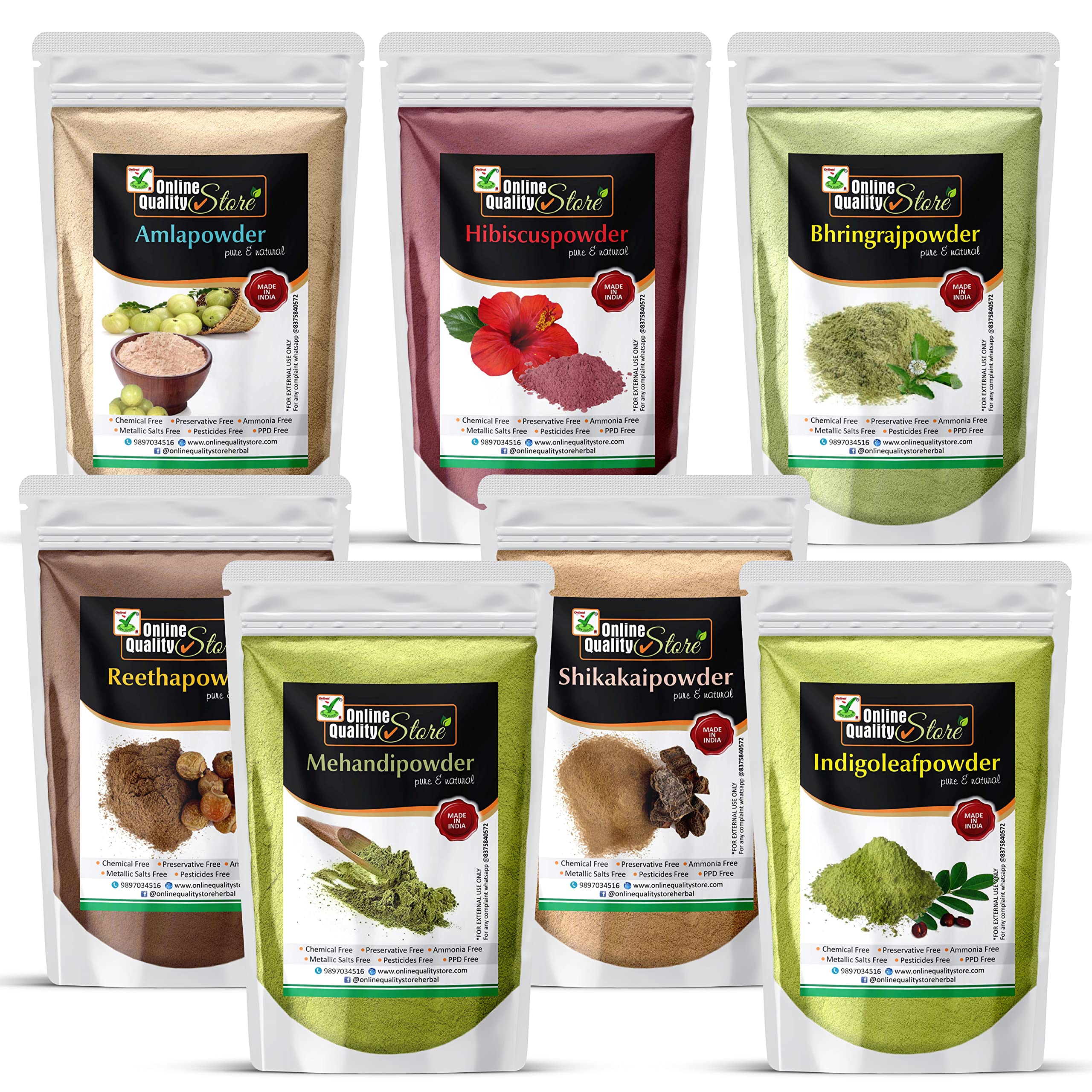 Online Quality Store Reetha Powder Amla Powder Shikakai Powder Bhringraj Powder Hibiscus Powder Mehandi Powder &Free Indigo Powd