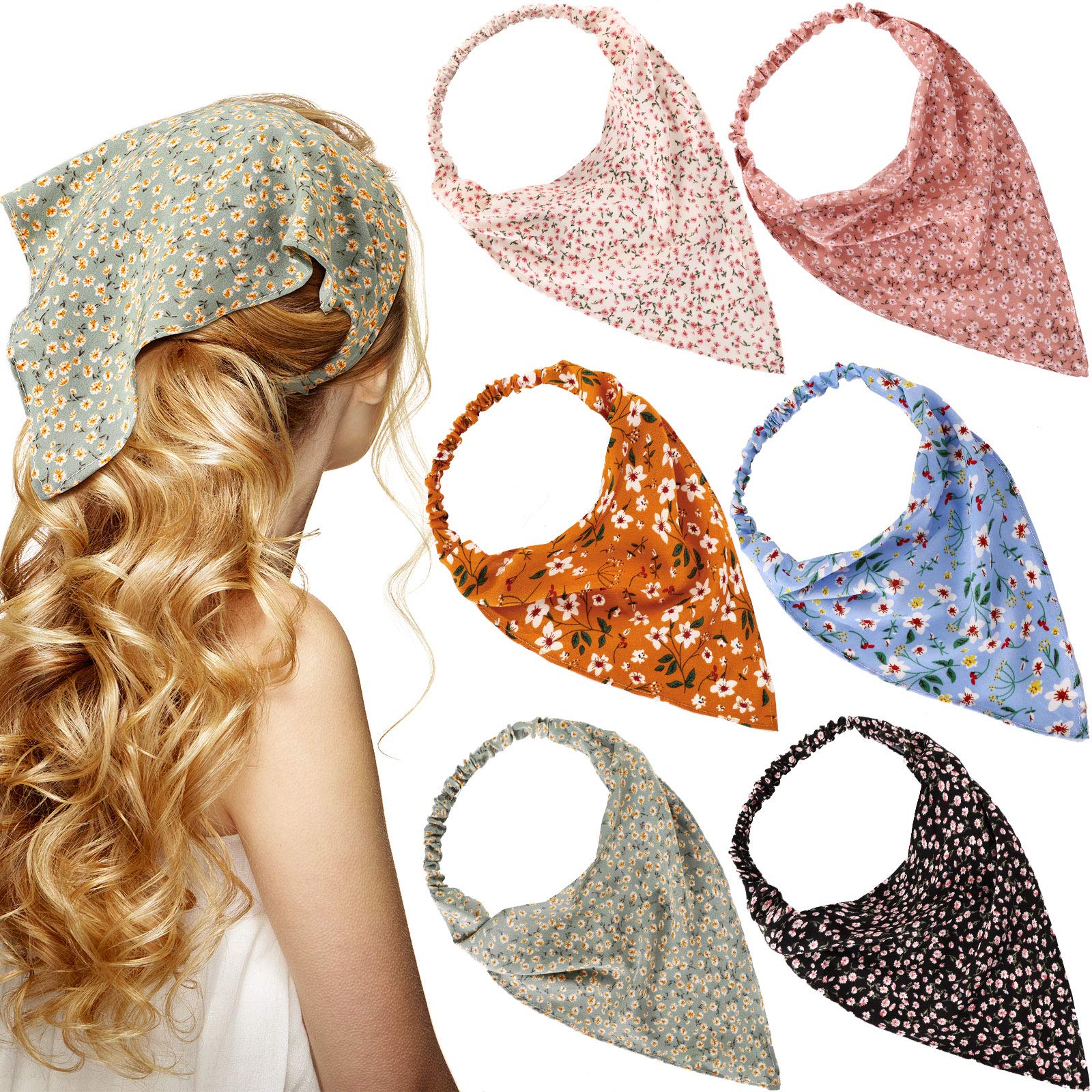 Syhood 6 Pcs Floral Elastic Hair Bandanas Boho Scarf Headband Chiffon Head Kerchief Turban with Hair Clips for Women(Classic Flo