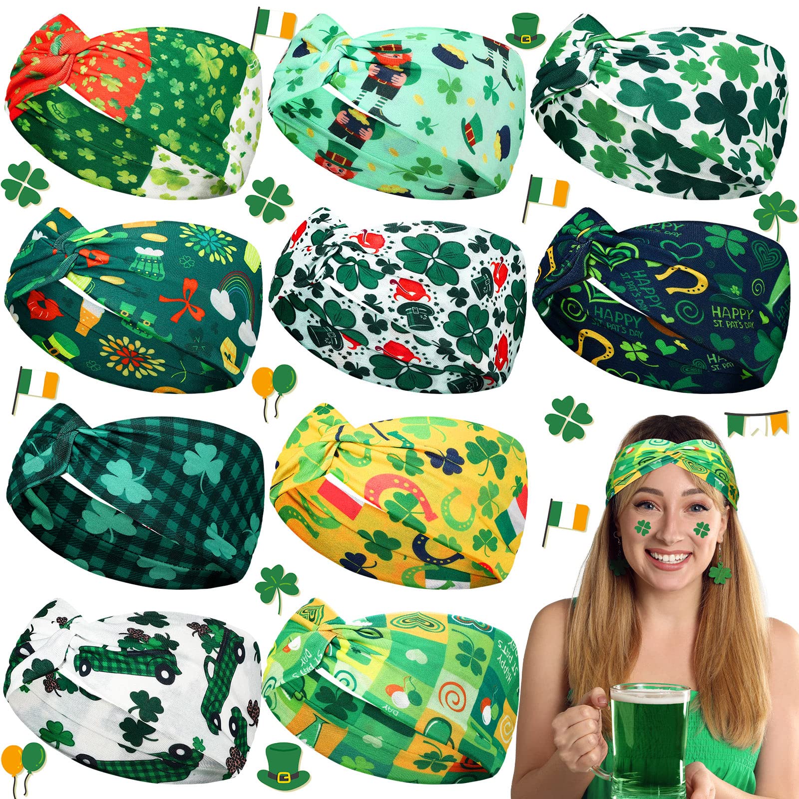 Giegxin 10 Pcs St.patrick's Day Headbands for Women Irish Green Shamrock Hair Band Wide Knotted Elastic Hair Accessories for Hol