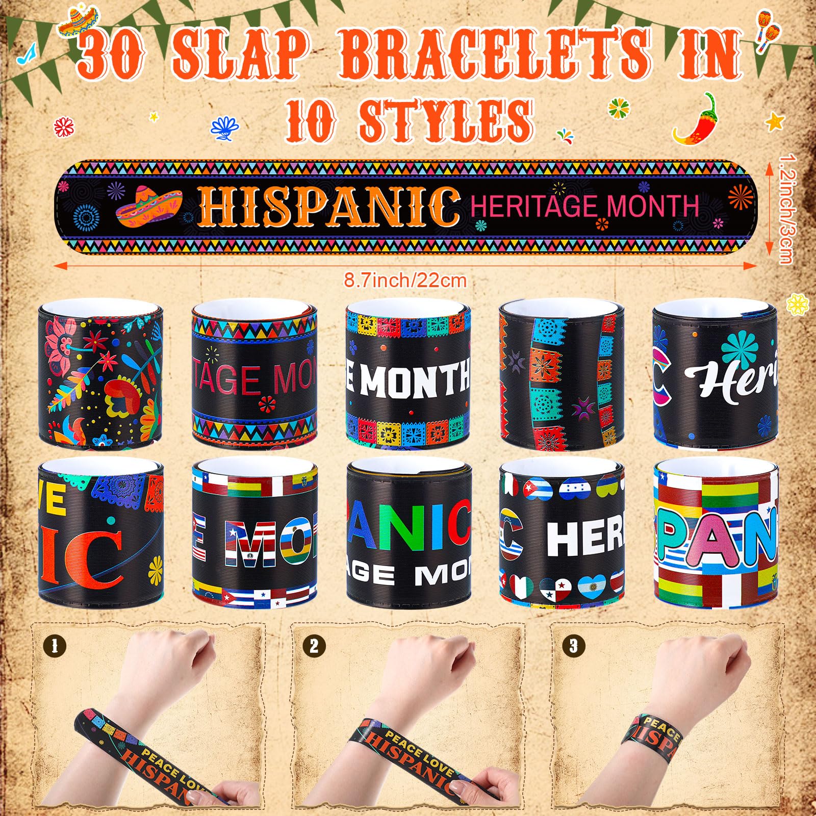 Frienda 60 Pcs Hispanic Heritage Month Party Favors Spanish Latin American Slap Bracelets and Badge Pins for National Hispanic H