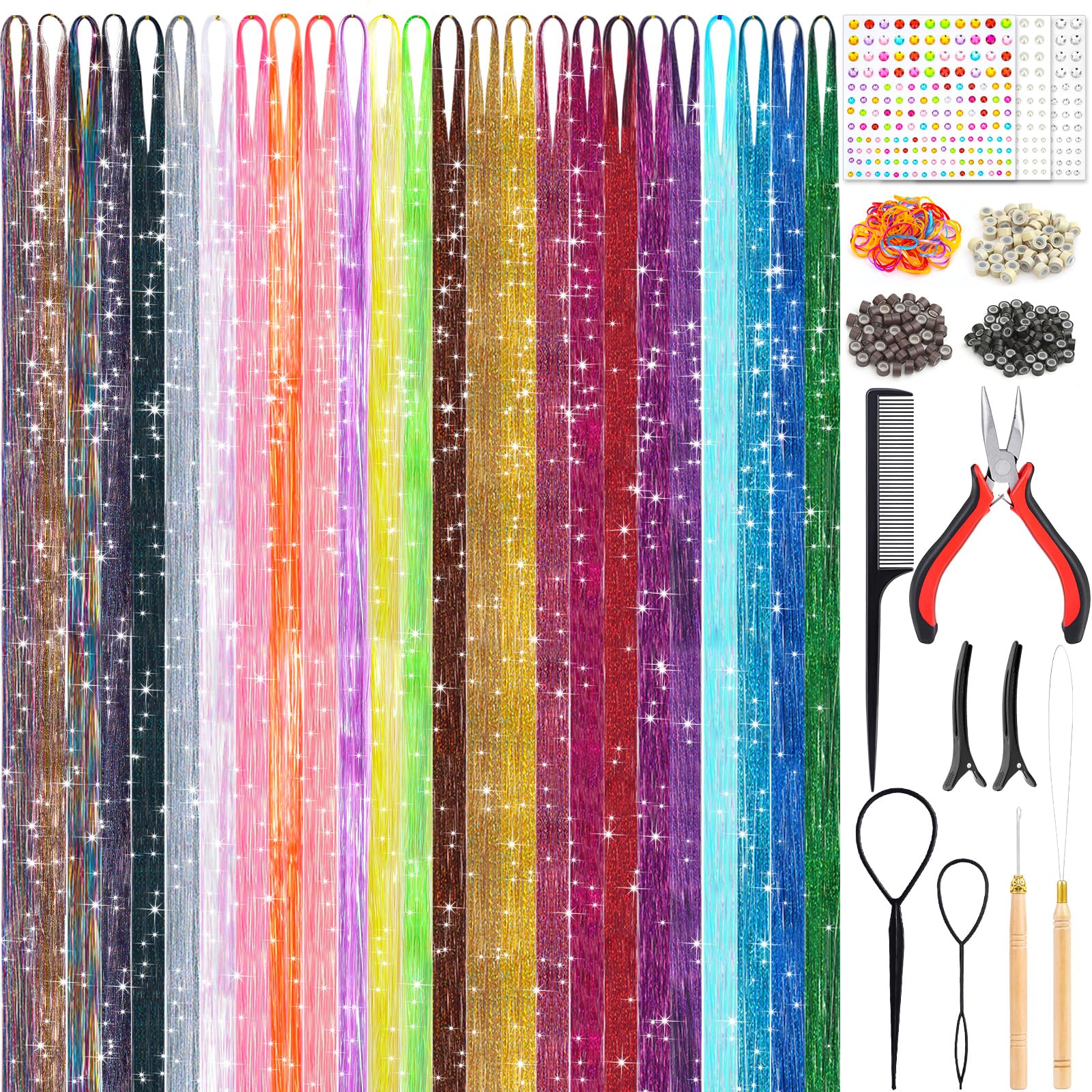 25 Colors Fairy Hair Tinsel Kit 5000 Hair Glitter Strands 48 Inch Heat Resistant Tinsel Hair Extensions Sparkling Shiny Highligh