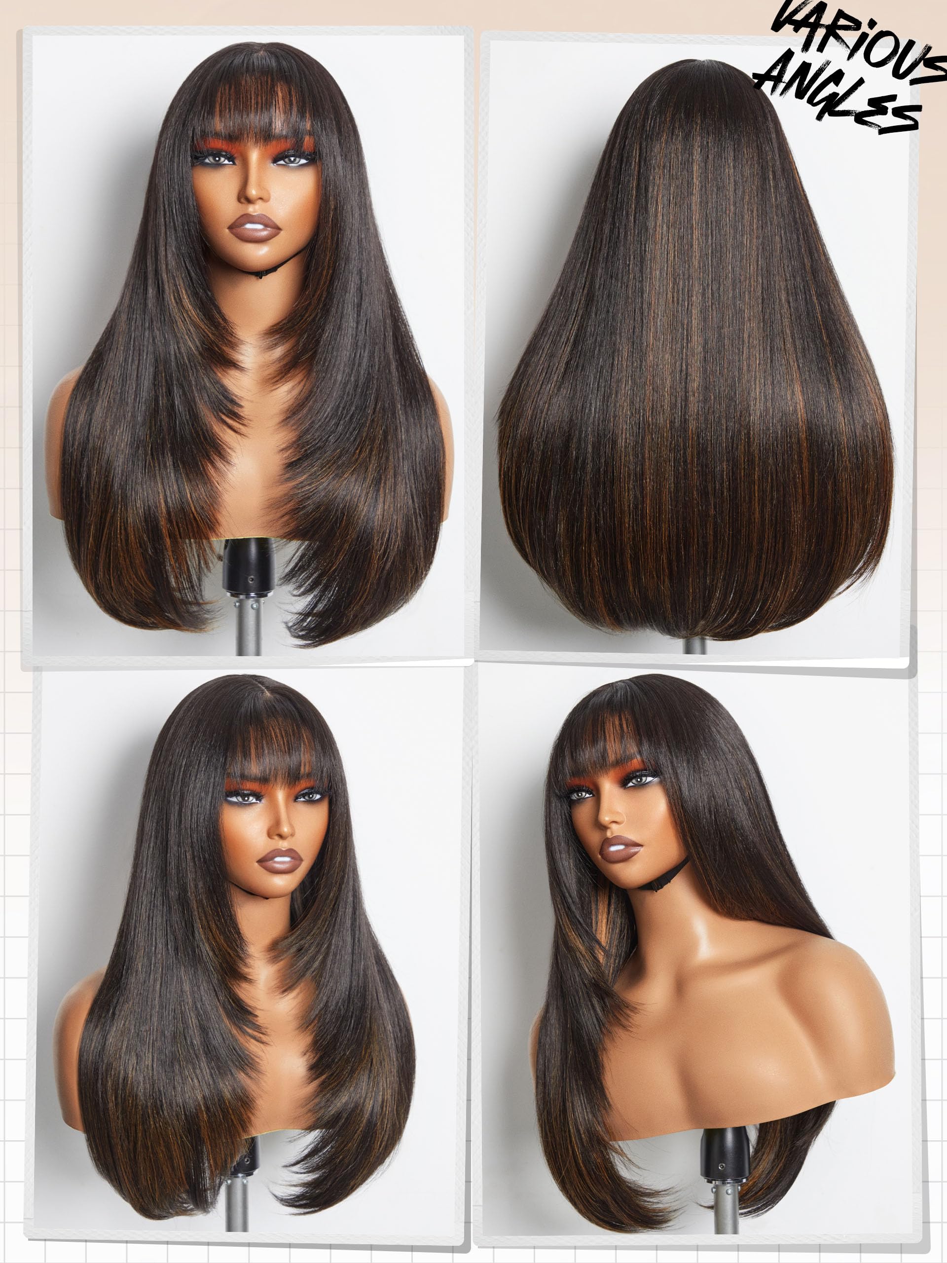 Gorgius Highlight Straight Layered Wigs With Bangs Glueless Black Mixed Brown Wig 22 Inch Put On Go Wigs Crafted With Style-Arch