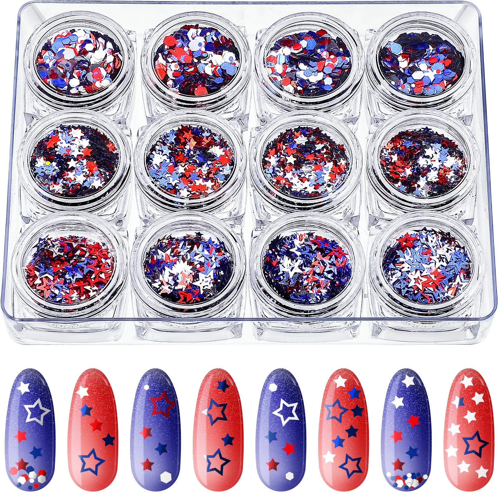 Maitys 12 Boxes Patriotic 4th of July Star Nail Sequins Holographic Red White and Blue Mixed Star Memorial Day Hollow Hexagon Ci