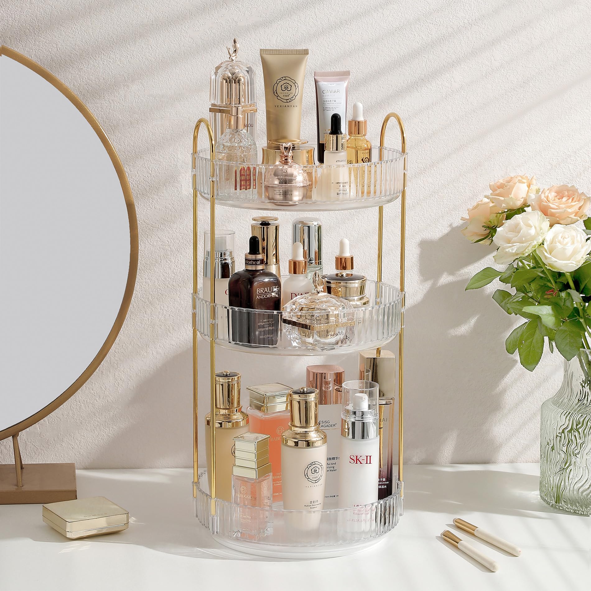 Rotating Makeup Organizer For Vanity, Large Skincare Make Up Storage Perfume Organizers For Bathroom Counter, Clear Cosmetic Dre