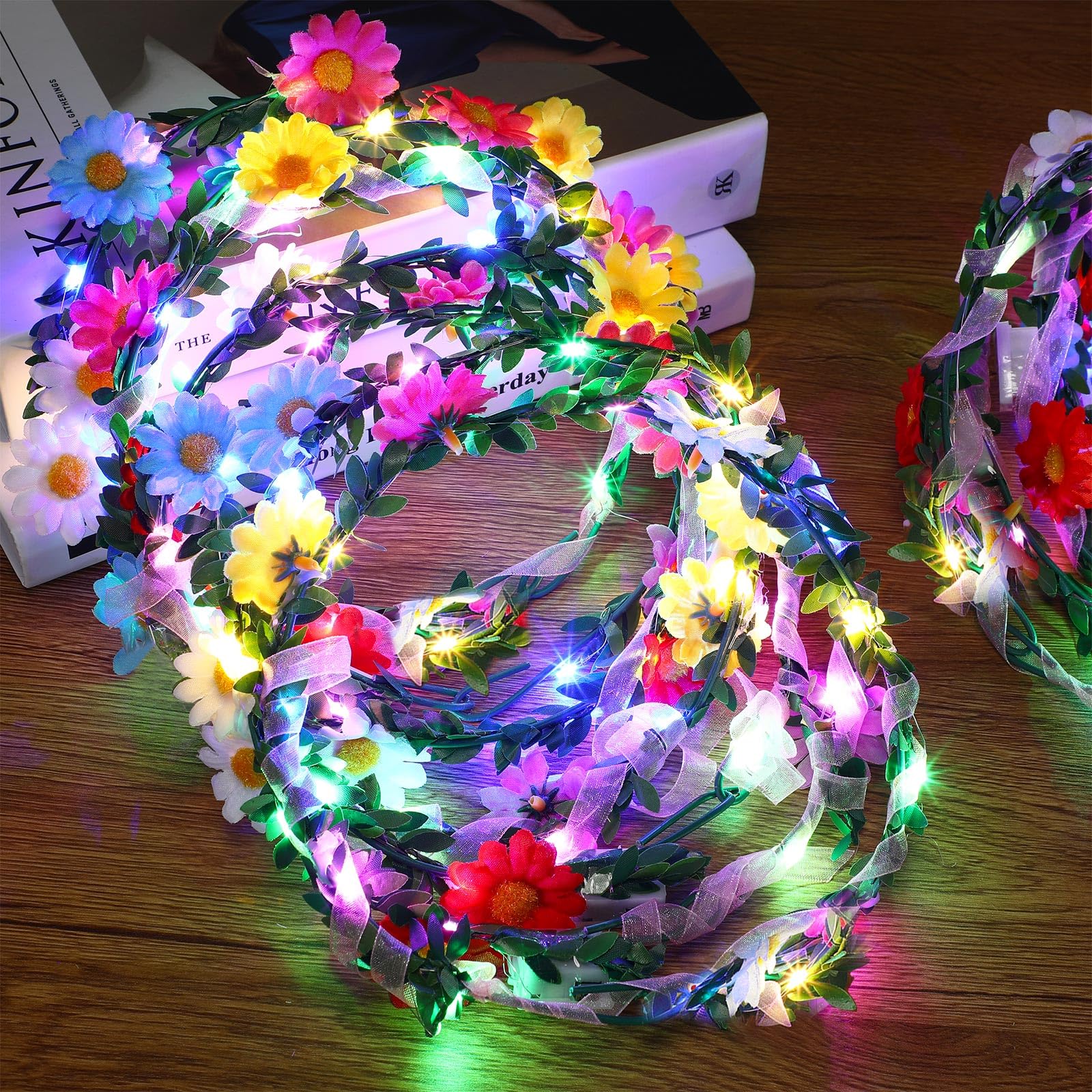 40 Pcs LED Flower Headband, Light up Flower Crown Garland Flower Headdress Floral Headpiece for Women Hair Accessories Birthday