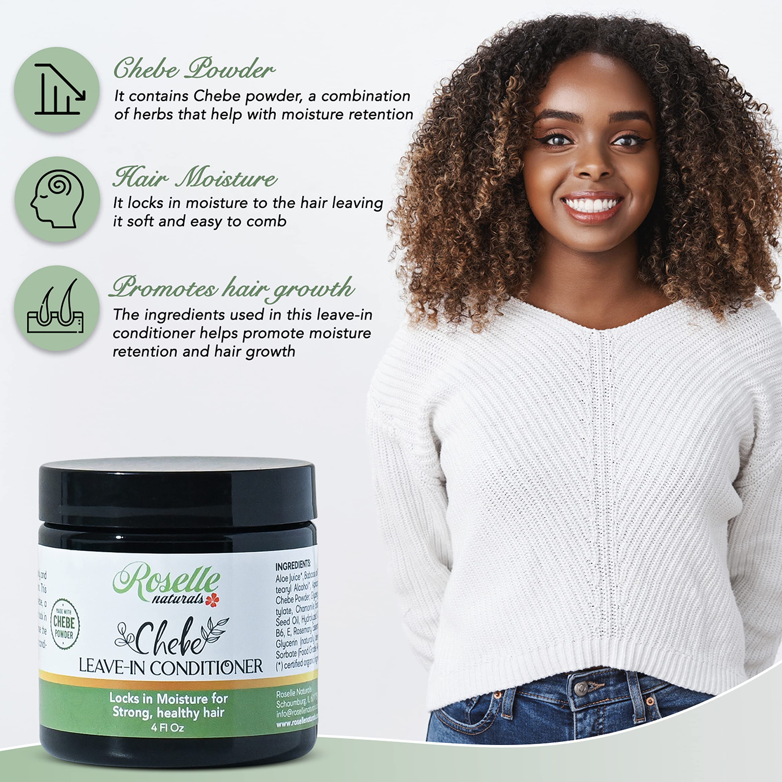 Roselle Naturals Chebe Leave-In Conditioner, Moisturizing, Hair Growth And Repair Made With Chebe Powder, Chebe Oil And Rosemary