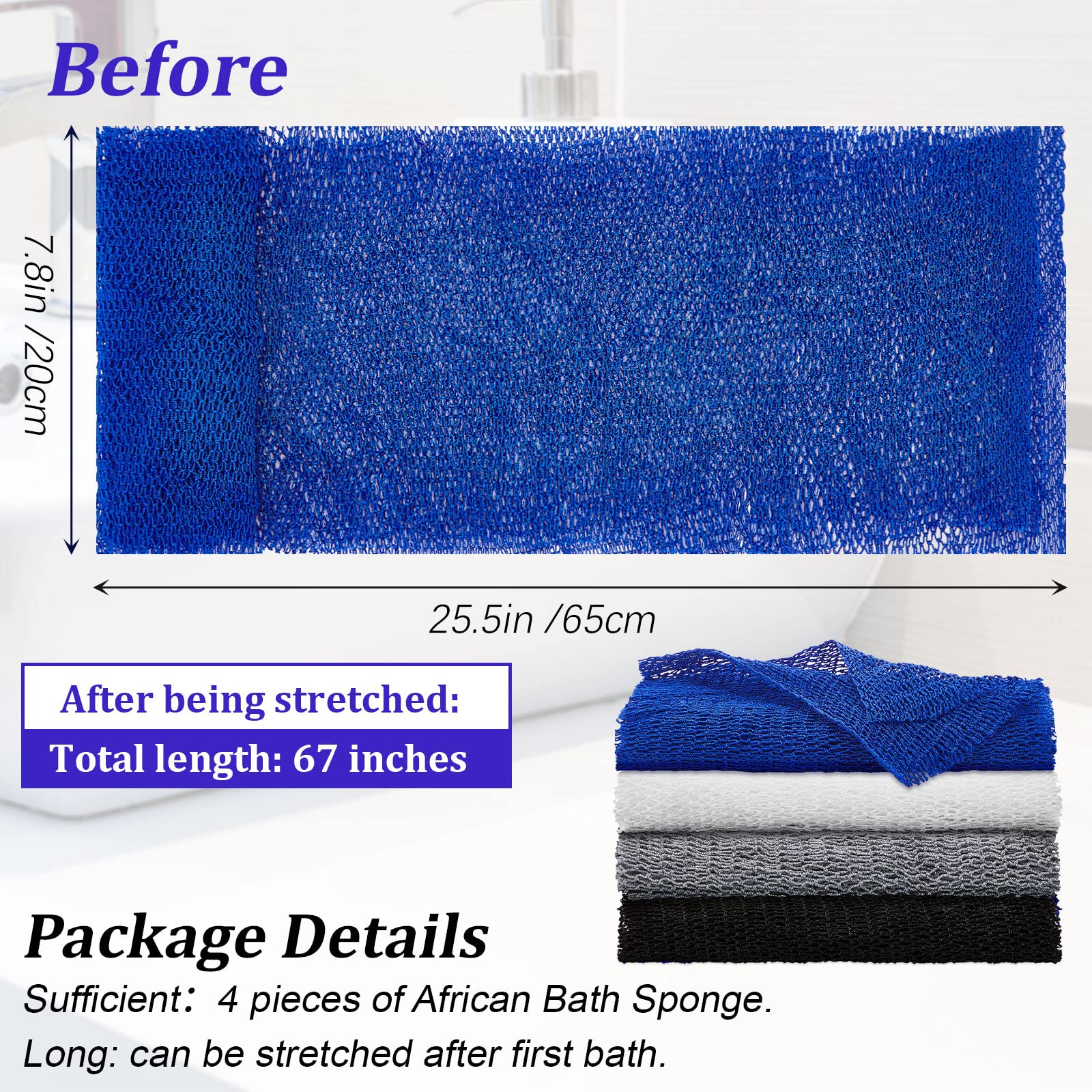 4 Pieces African Net Bath Sponge African Exfoliating Long Net Sponge Exfoliating Shower Body Scrubber Skin Smoother For Daily Us
