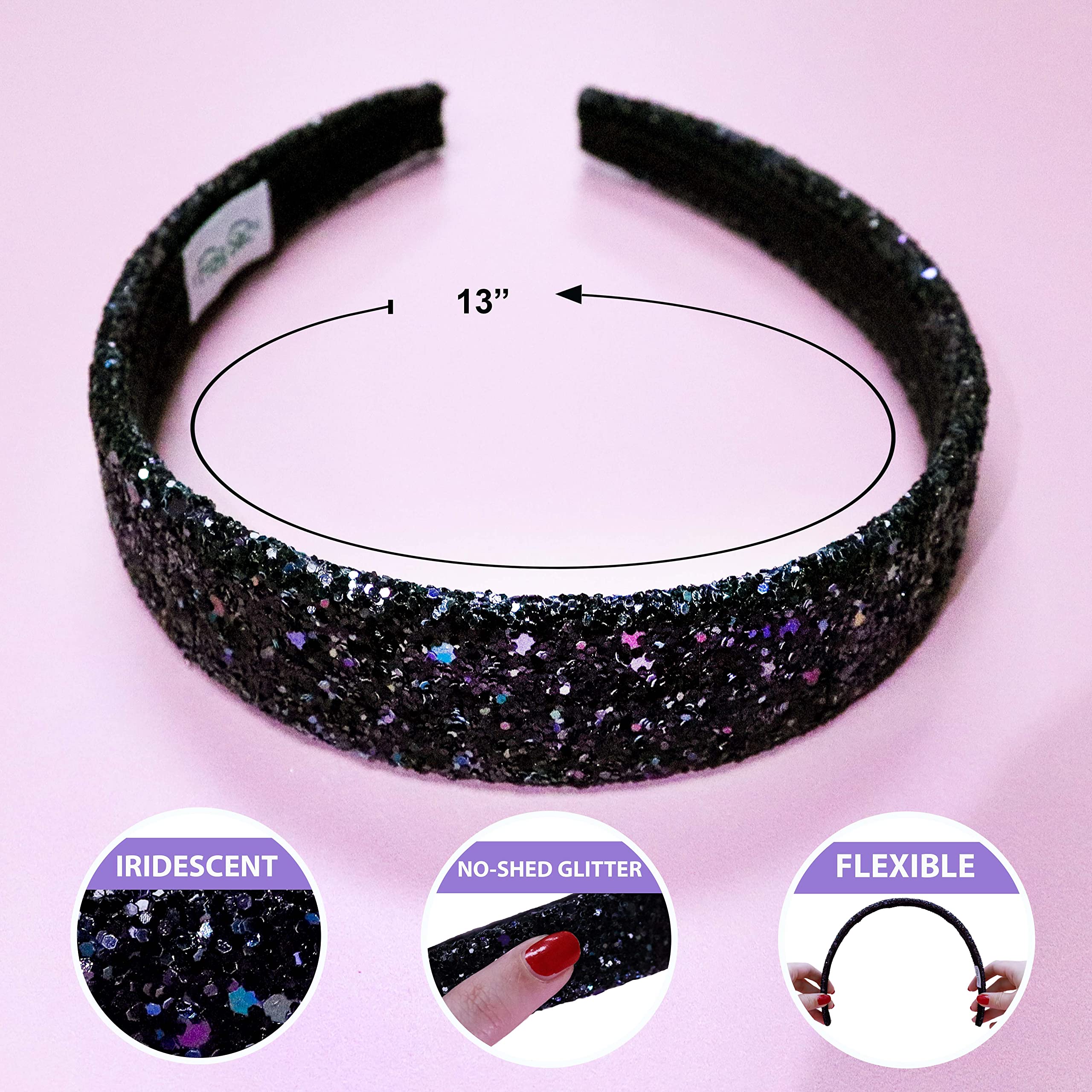 Frog Sac Glitter Headbands For Girls, Black Headband For Little Girl Hair Accessories, Sparkly Wide Hair Bands For Kids, Cute Fa