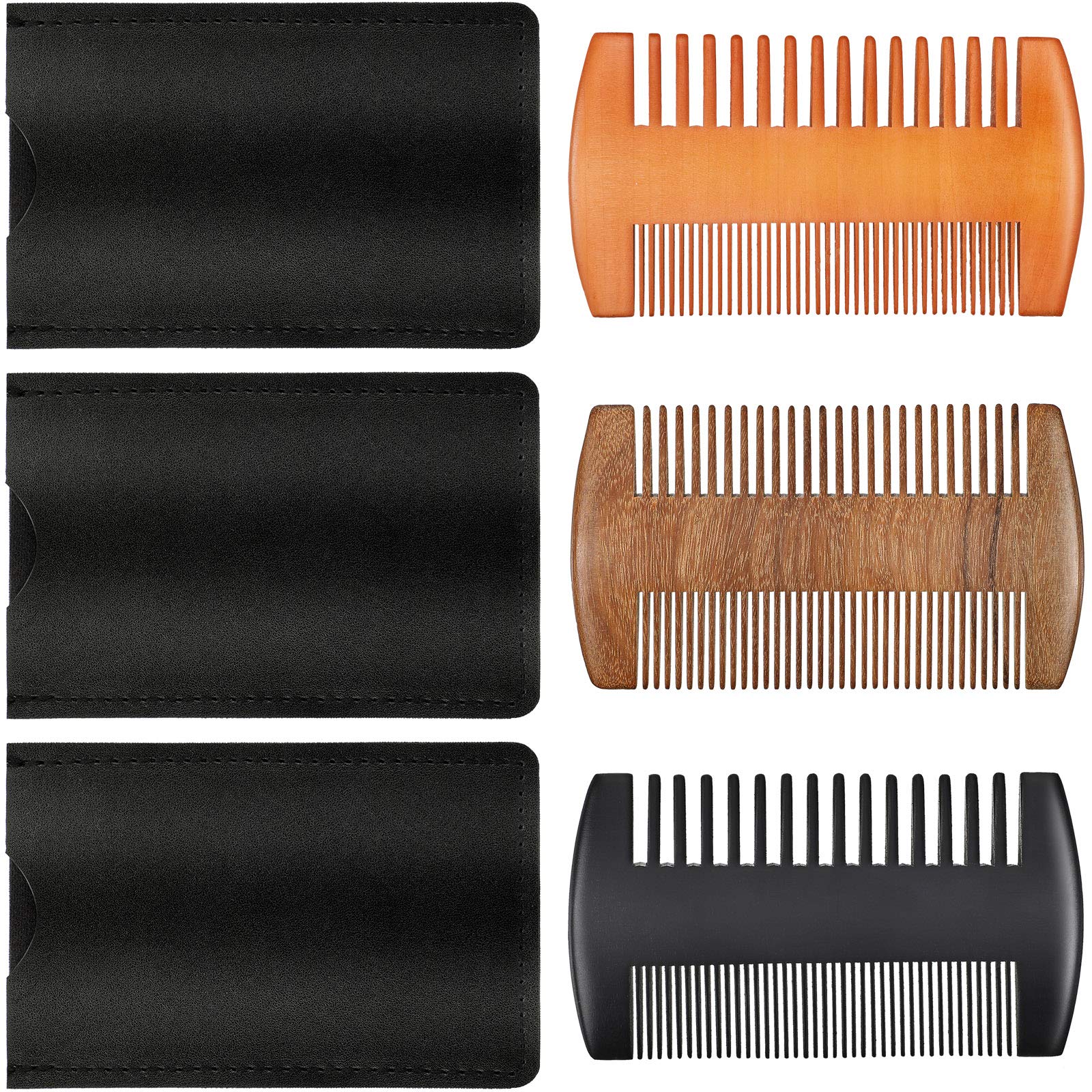 Natural Sandalwood Wooden Dual Action Beard and Mustache Comb Set with Leather Cases for Beards and Mustaches (Black, Yellow, Br