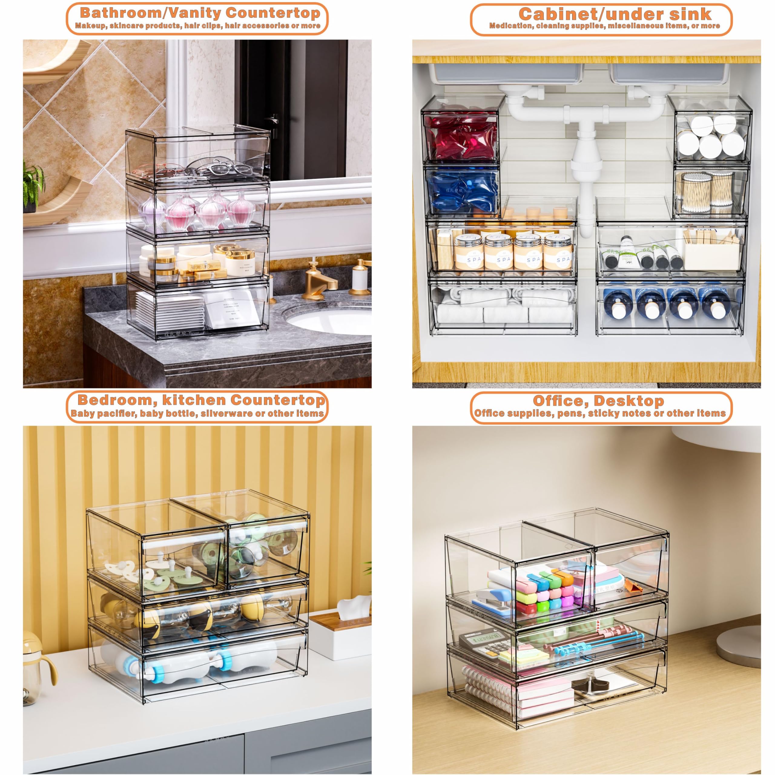 2 Pack Clear Stackable Storage Drawers,12 W Large Bathroom Makeup Organizer and Pen,Sunglass,Medicine,Baby Bottle Organizer,Plas