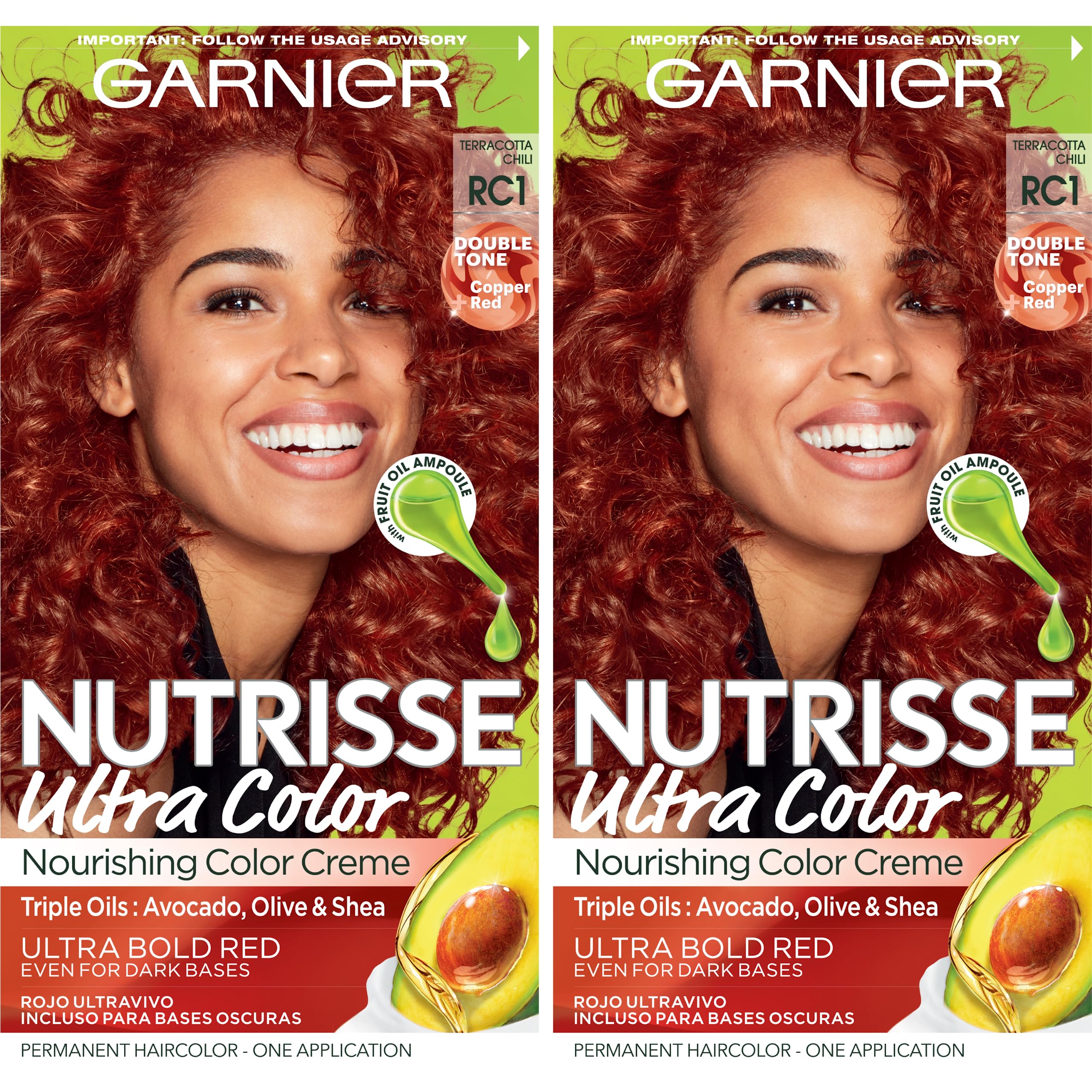Garnier Hair Color Nutrisse Ultra Color Nourishing Creme, RC1 Copper Red (Terracotta Chili) Permanent Hair Dye, 2 Count (Packagi