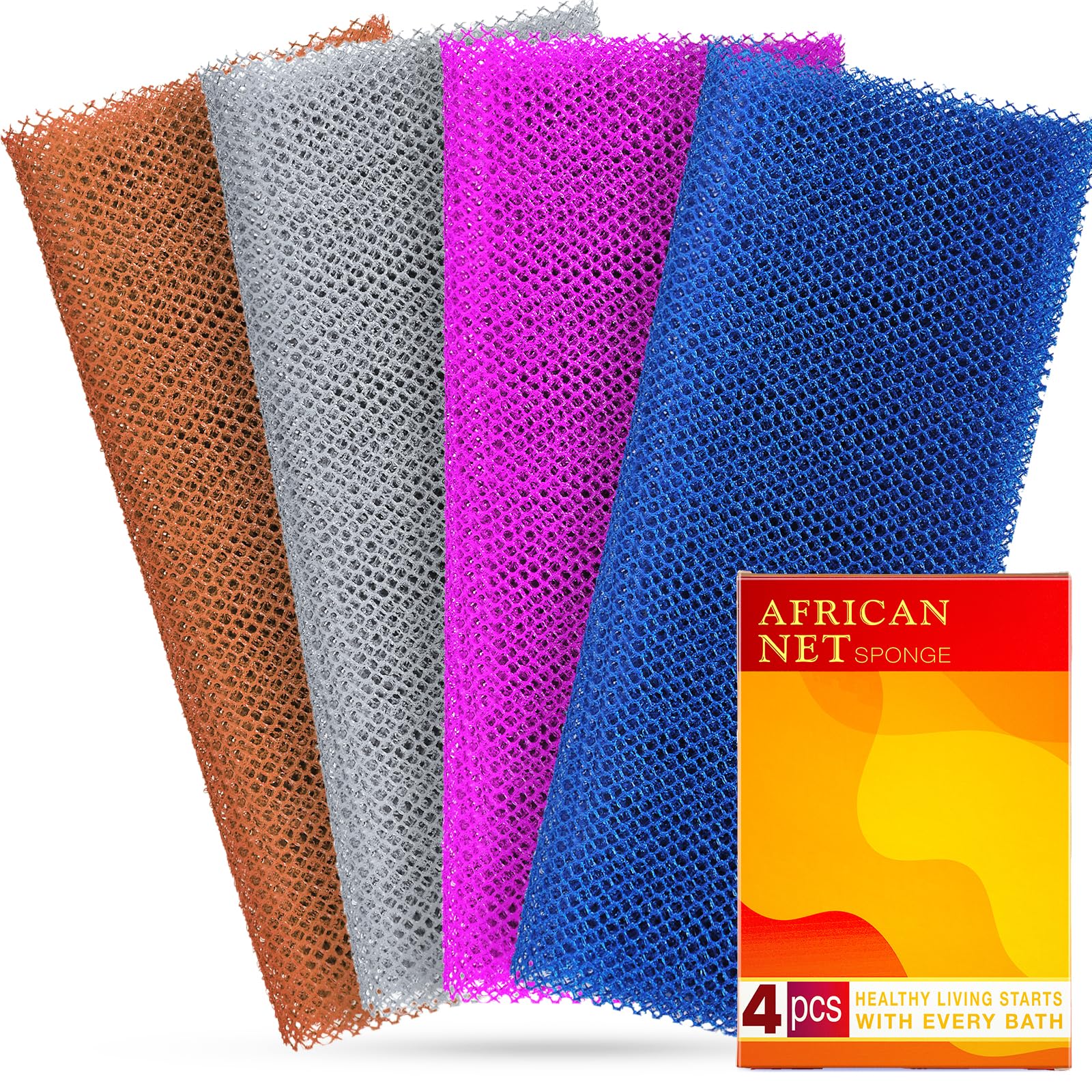 African Net Sponge for Deep Exfoliation - 4 Pieces African Net Sponge Authentic, Exfoliating Washcloth, Long-Lasting African Exf