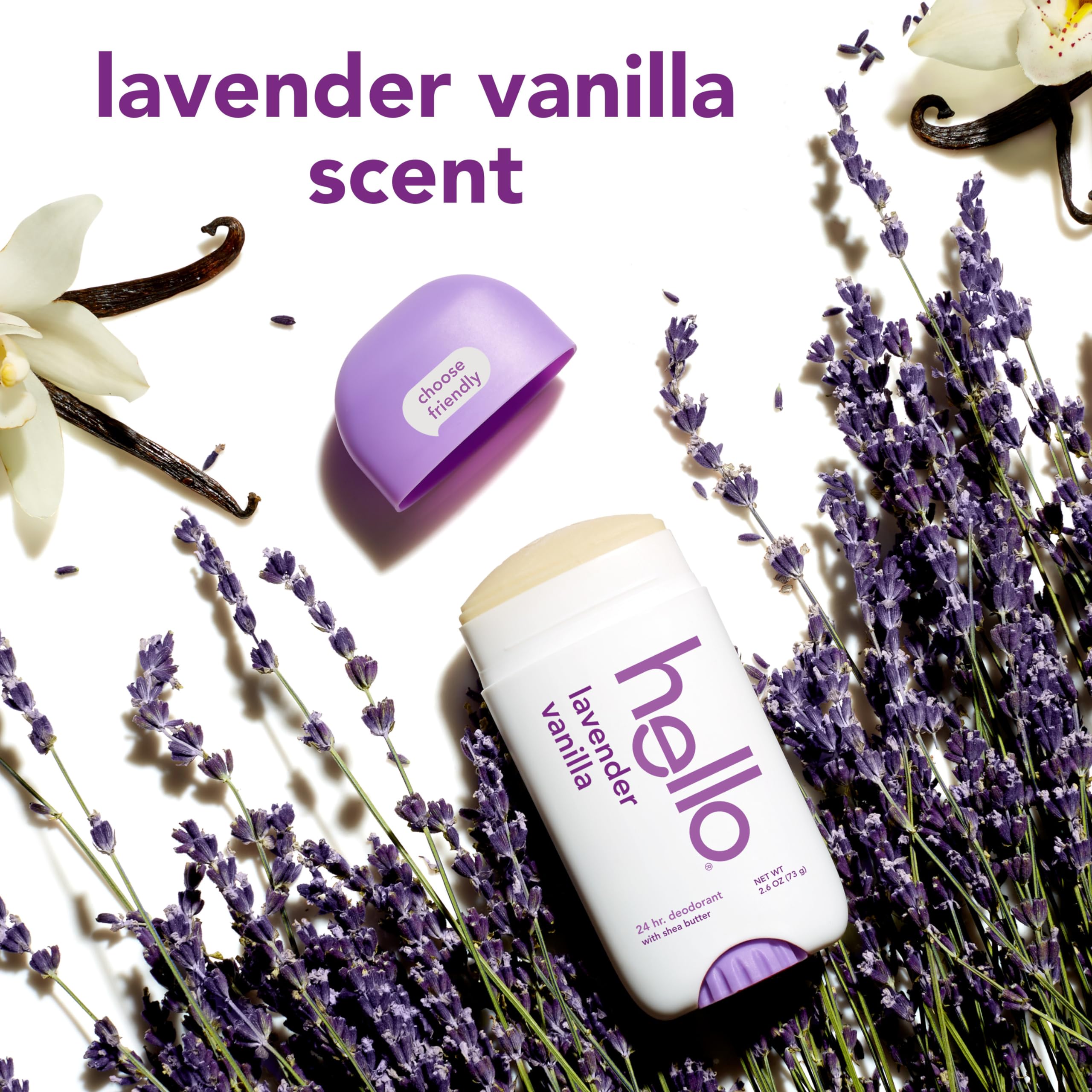 hello Lavender Vanilla Aluminum Free Deodorant with Shea Butter for Women + Men, Baking Soda Free, 24 Hour Odor Protection, 2.6