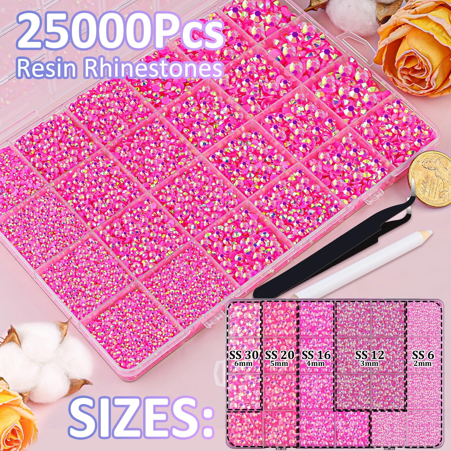 25000Pcs Resin Jelly Rhinestones With Tweezers For Crafting, Hot Pink Ab 2-6Mm Mixed Sizes Non Hotfix Flatback Gems, Bedazzling