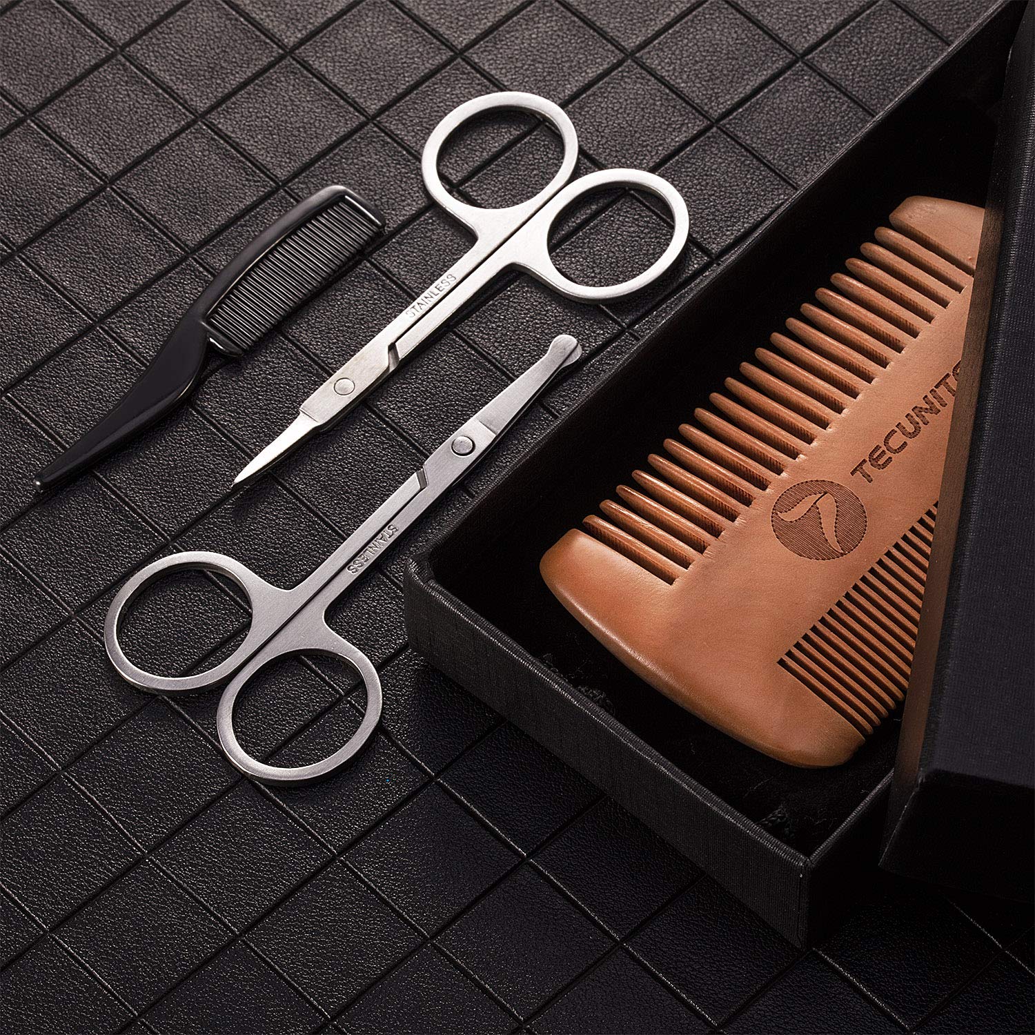 TecUnite 4 Pieces Beard Trimming Scissors Set, Grooming Scissors for Men and Mustache Beard Comb Beard Grooming Trim Scissor Kit