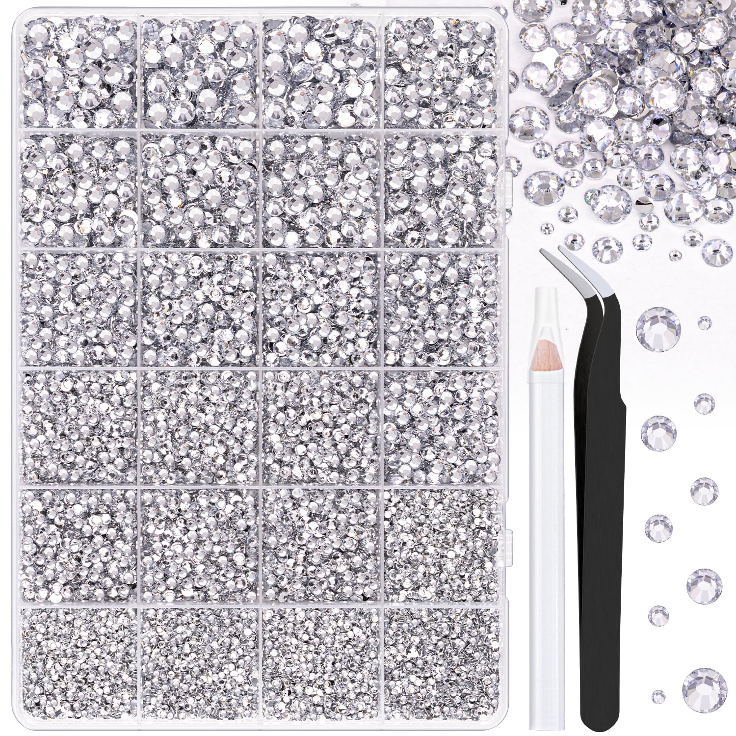 25000Pcs Resin Rhinestones with Tweezers for Crafting, Clear 2-6mm Mixed Sizes Non Hotfix Flatback Gems, Bedazzling Crystal for 