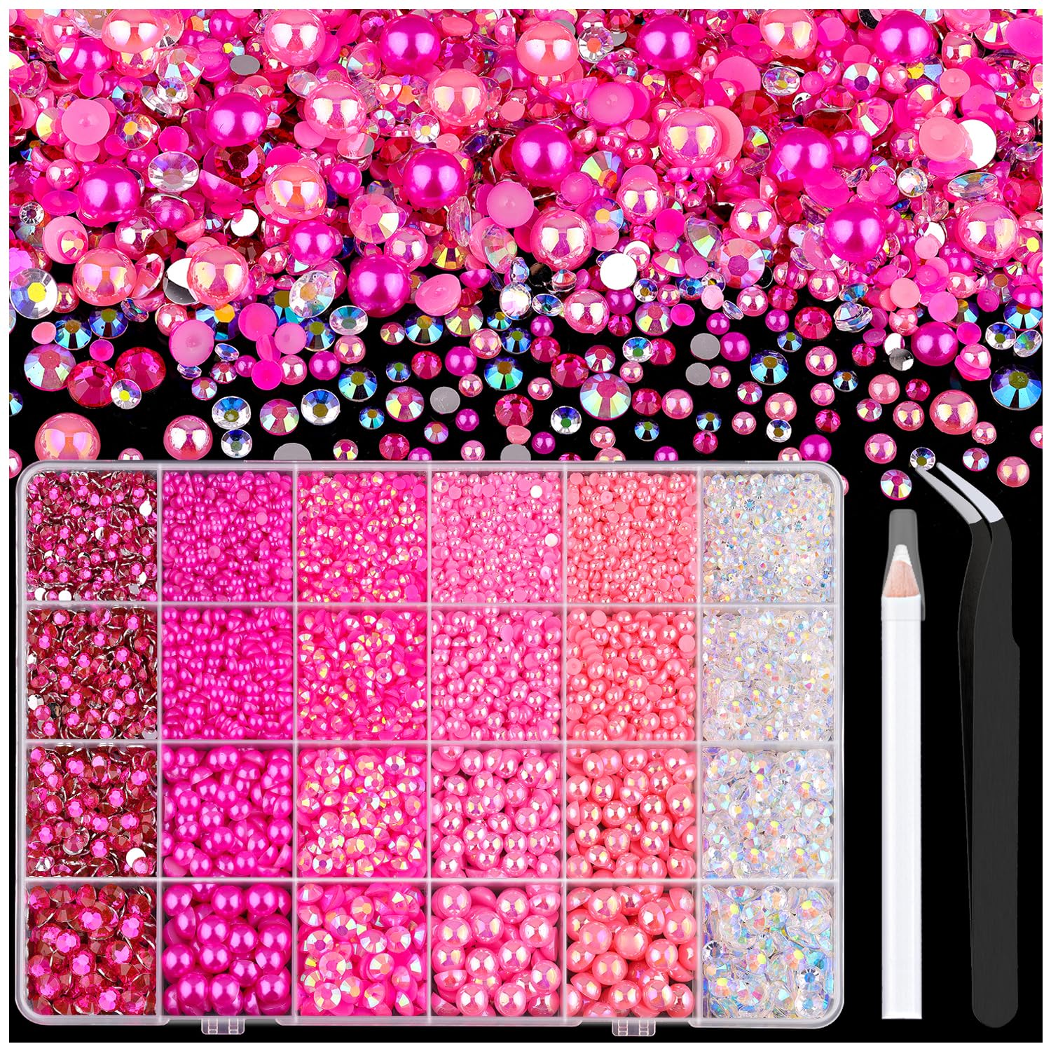 9000PCS Flatback Pearls and Rhinestones for Crafting, Dark Pink Mixed Size 3-10mm Resin Rhinestones and Half Pearls for Bedazzli