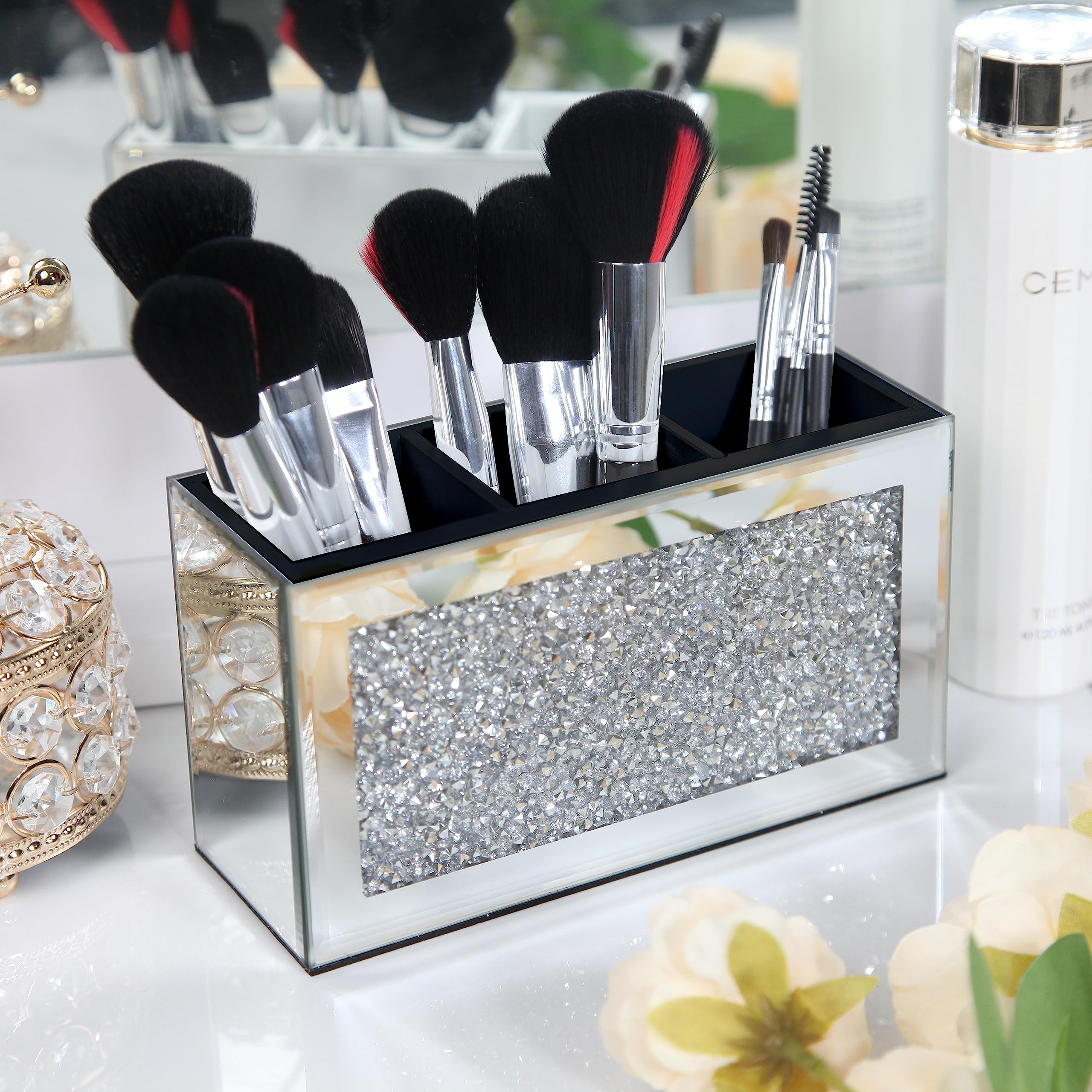 SHYFOY Mirrored Makeup Brush Holder Organizer, 3 Slot Glass Cosmetics Brushes Storage Holders with Crystal Crushed Diamond, Cute