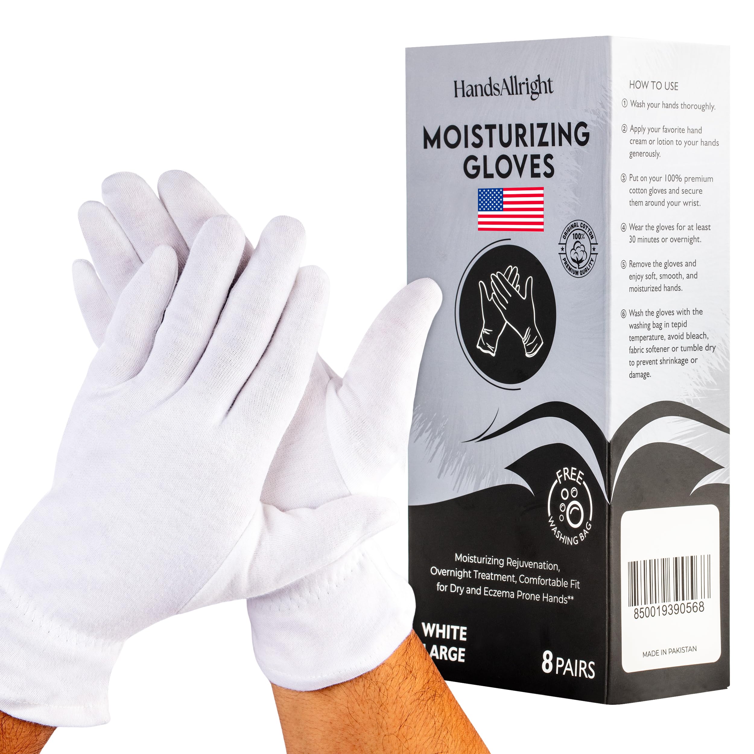 White Cotton Gloves for Dry Hand Sleeping - 8 Pairs of Washable Overnight Moisturizing Gloves with Laundry Bag, Breathable White