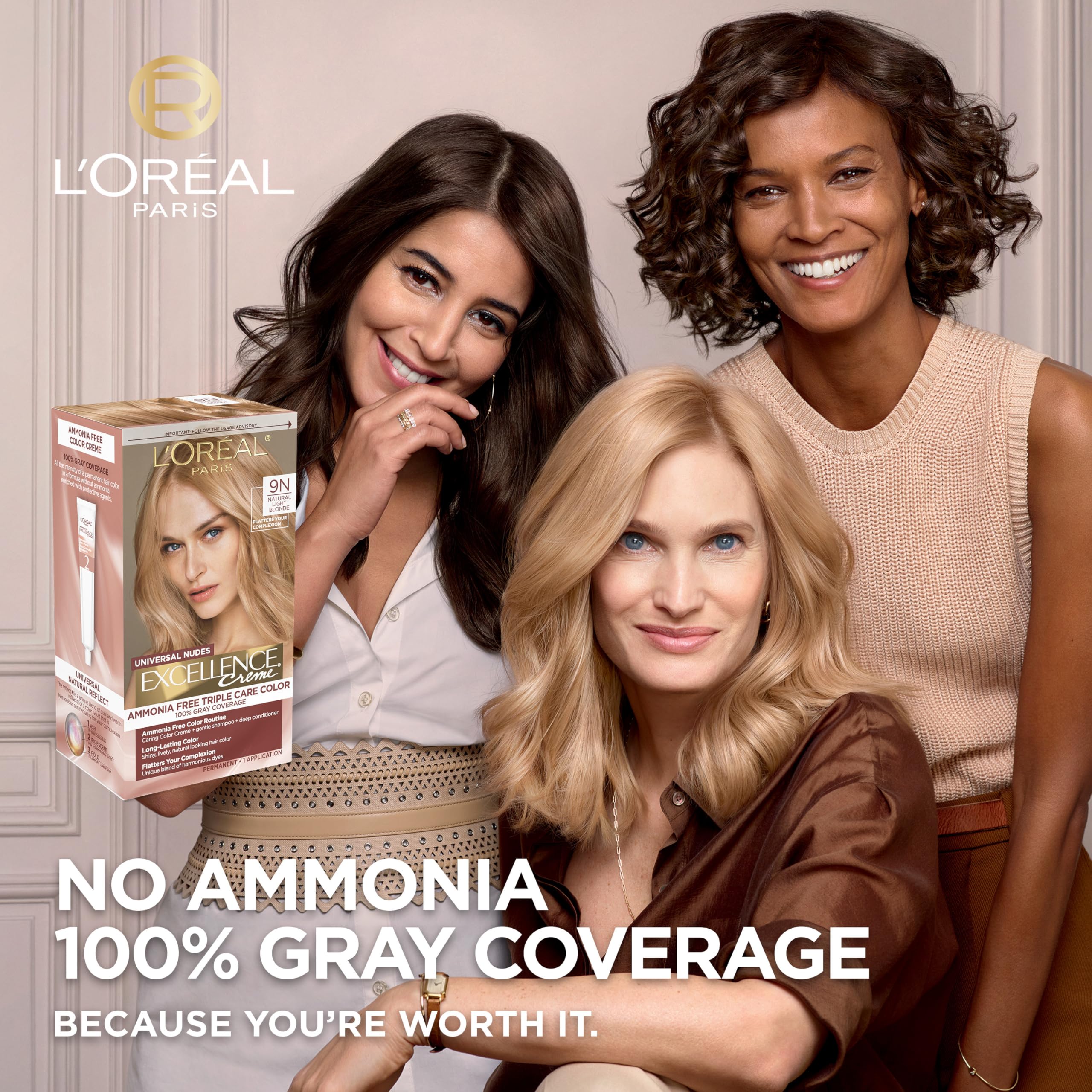 L'Oreal Paris Excellence Universal Nudes Permanent Hair Color, Ammonia Free Hair Dye for Gray Hair Coverage, 9N Natural Light Bl