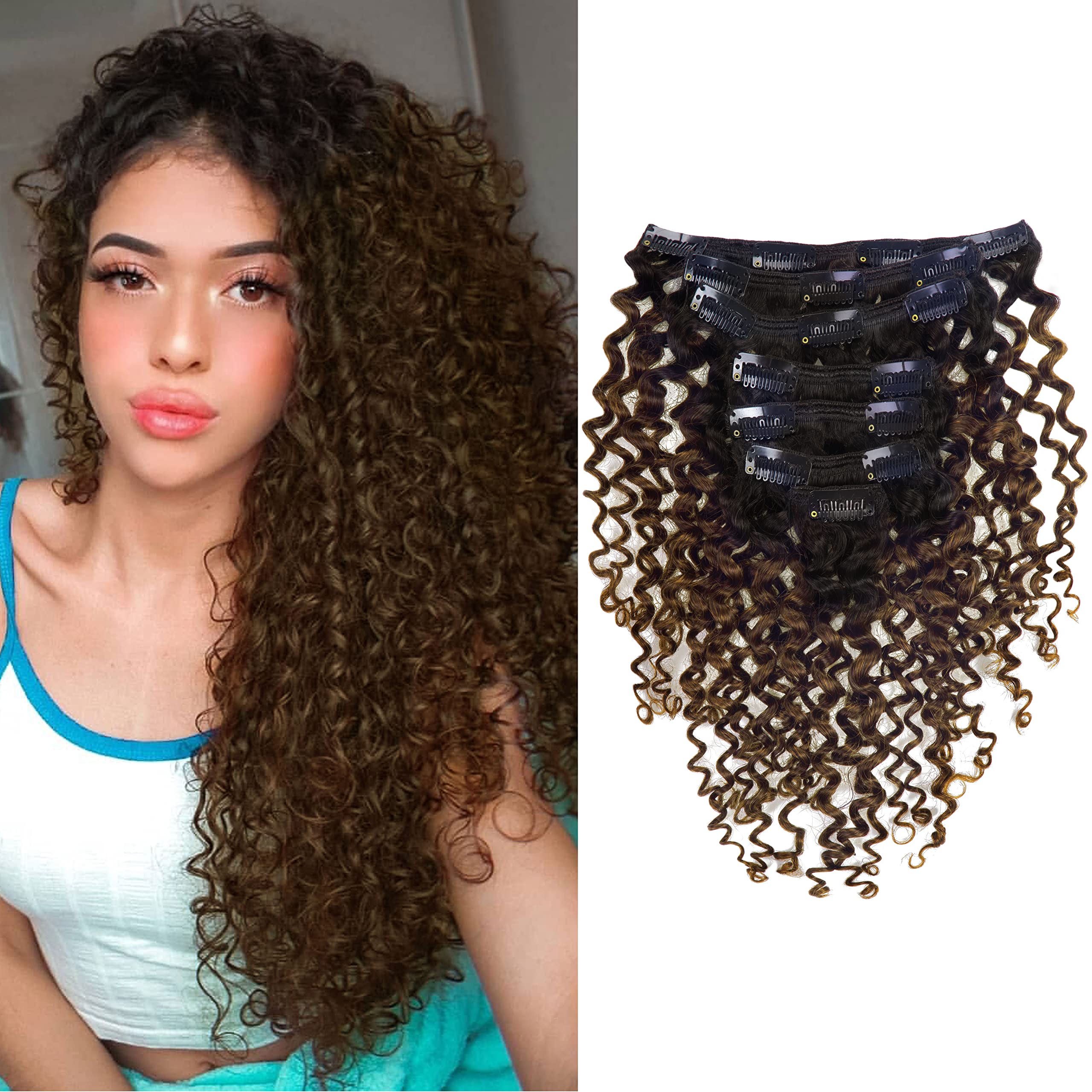 Caliee 14inch Curly Clip in Hair Extensions Real Human Hair 3 B 3C Natural Black Fading into Dark Brown Ombre Double Weft Real R