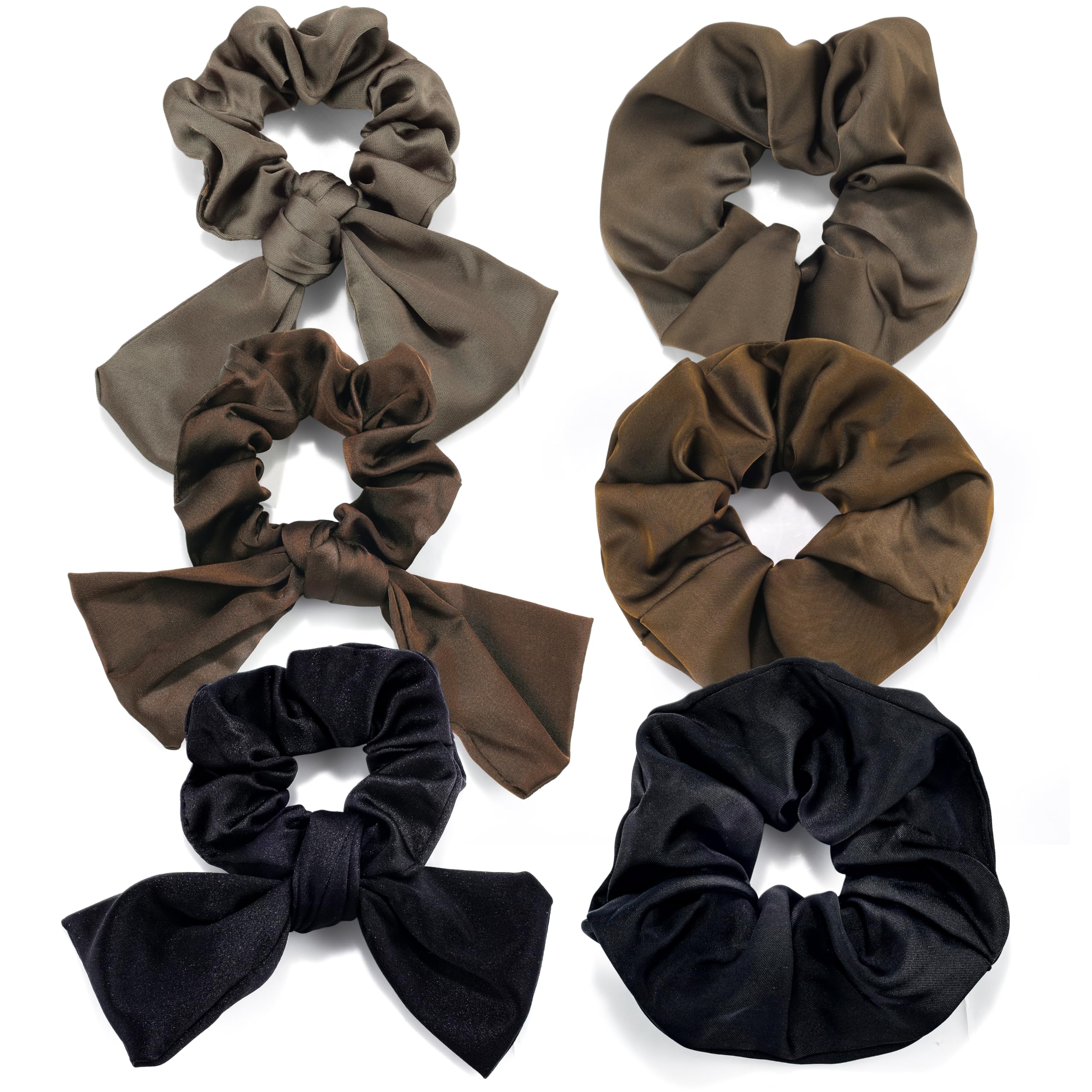 6PCS Satin Silk Hair Scrunchies for Women Girls Big Bow Scrunchies for Thick Curly Long Hair Brown Black Elastic Hair Ties Soft 