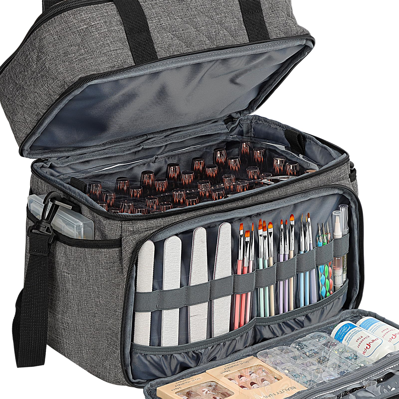 Homest Double Layer Nail Polish Organizer Holds 80 Bottles (15Ml/0.5 Fl. Oz) And A Lamp, Case With 2 Removable Pouches For Manic