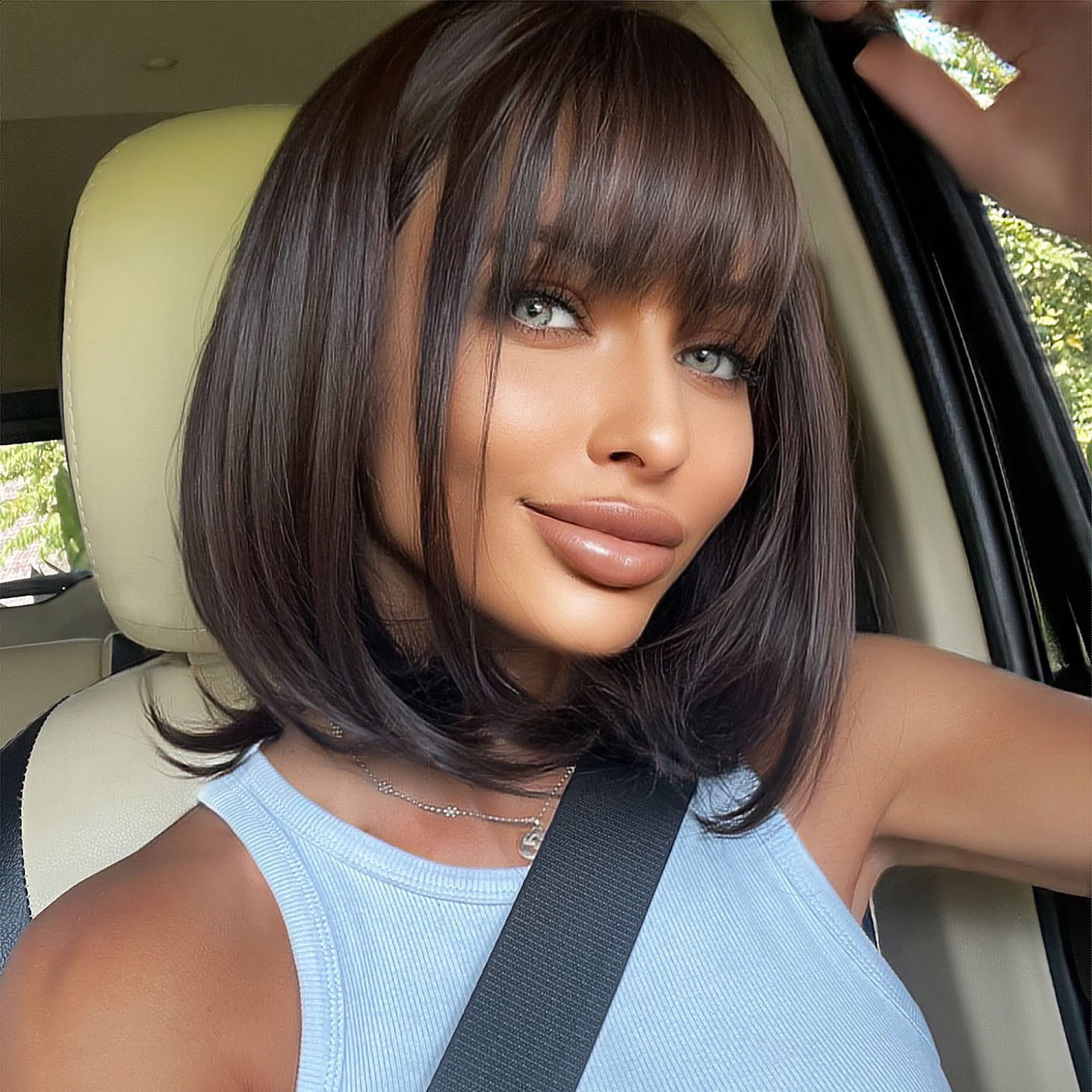 Emmor Dark Brown Bob Wigs For Women Shoulder Length Synthetic Wig With Fringe Bangs High Heat Resistant Wig(Dark Brown)