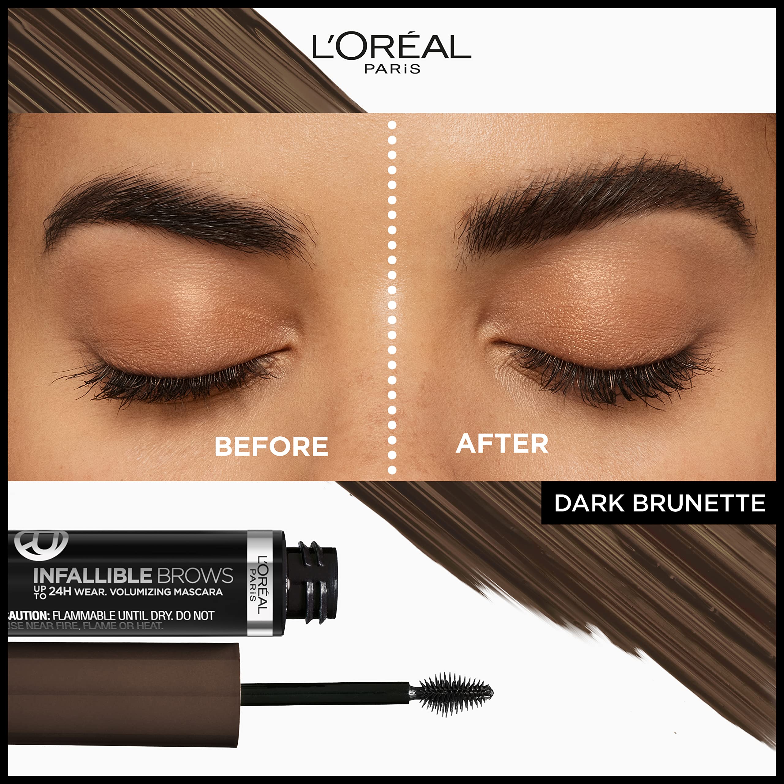 L'Oreal Paris Infallible Volumizing 24H Wear Brow Mascara, Long Lasting Eyebrow Makeup for 2X Fuller Eyebrows, 4.0 Dark Brunette