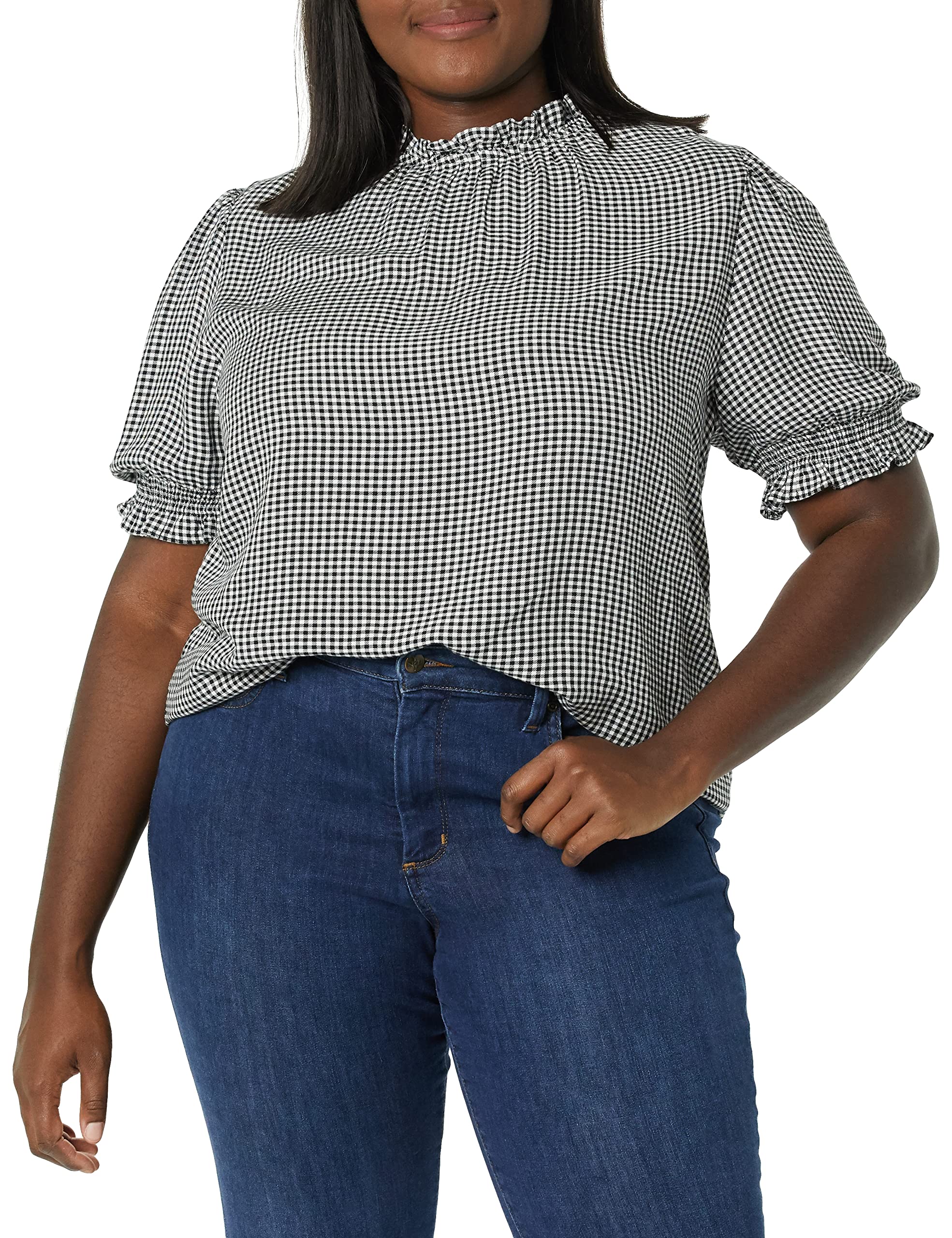 Amazon Essentials Womens Fluid Twill Short Puff Sleeve Smock Detail Shirt, BlackWhite, gingham, X-Small