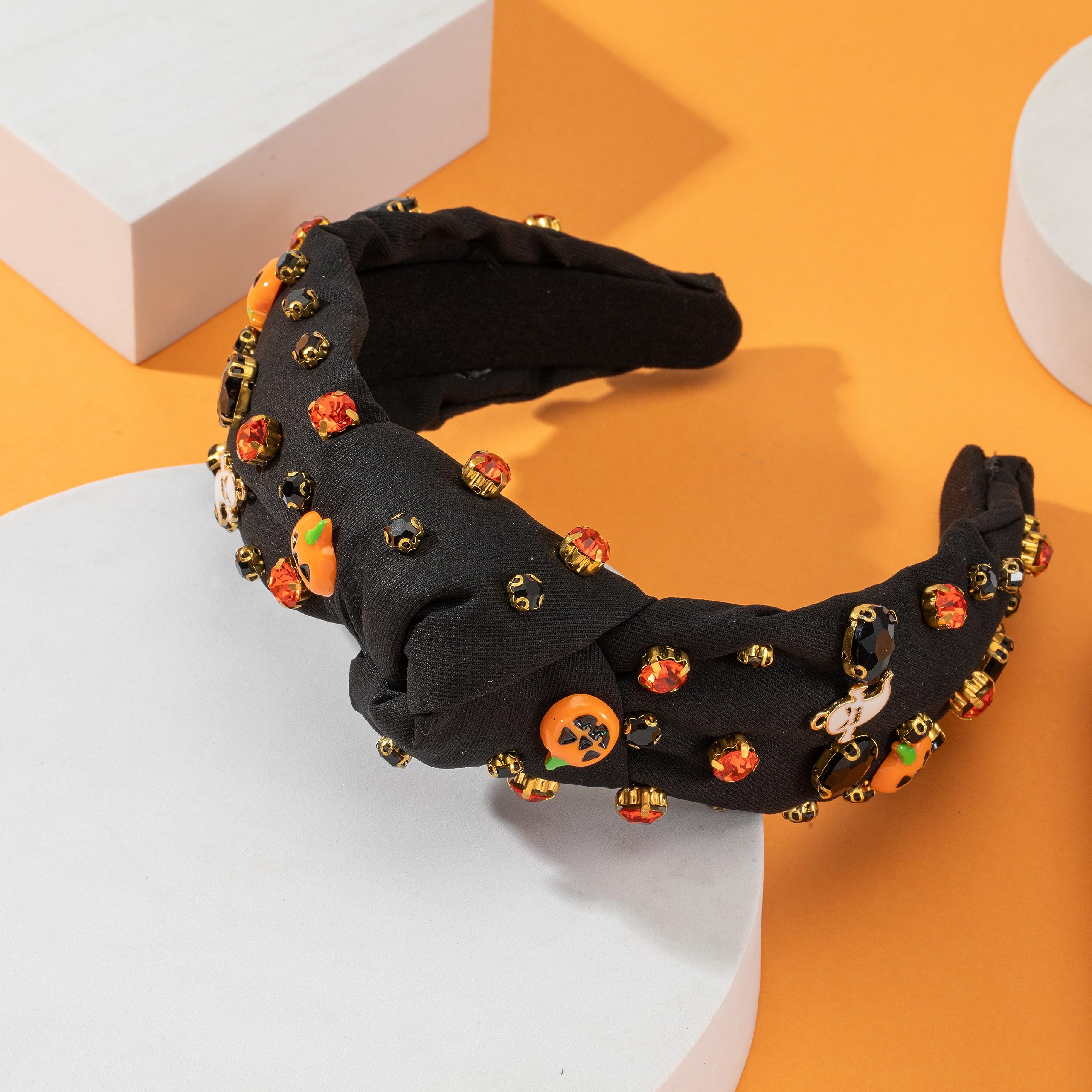 Rhinestone Knotted Jeweled Headband - Embellished Pumpkin Ghost Mixed Top Hairband For Women, Wide Hair Band Accessories, Holida