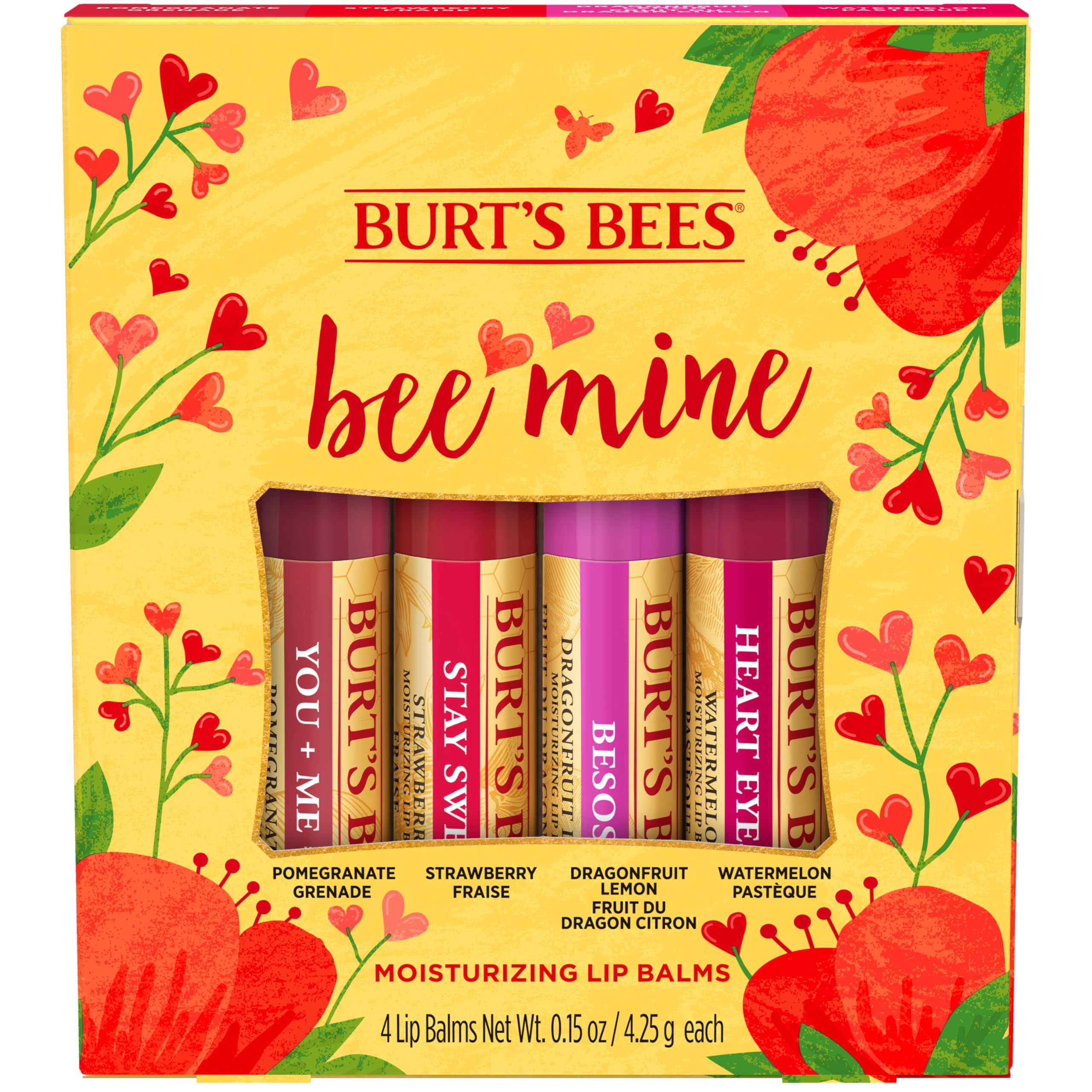 Bee Mine Moisturizing Lip Balm Set By Burts Bees For Unisex - 4 Pc 0.15Oz Watermelon Lip Balm, 0.15Oz Dragonfruit Lemon Lip Balm