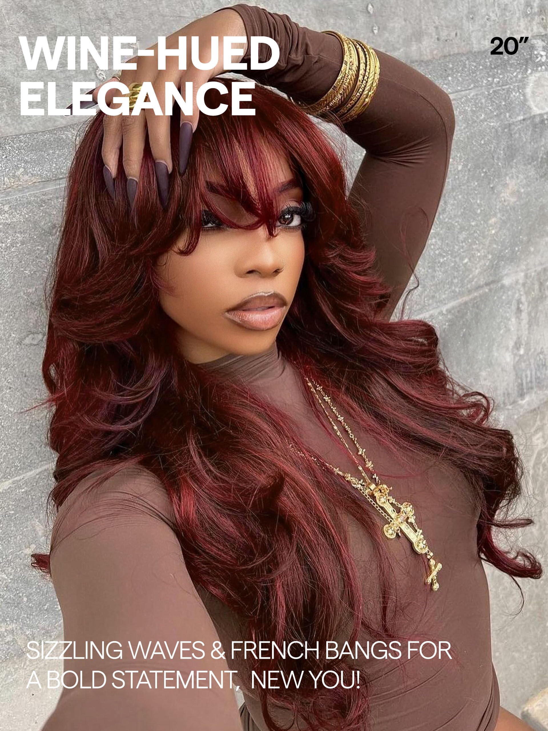 Gorgius Glueless Wigs With Bang Body Wave Wig Long Natural Burgundy Color Wavy Wig Crafted With Style-Archive Technology: Premiu