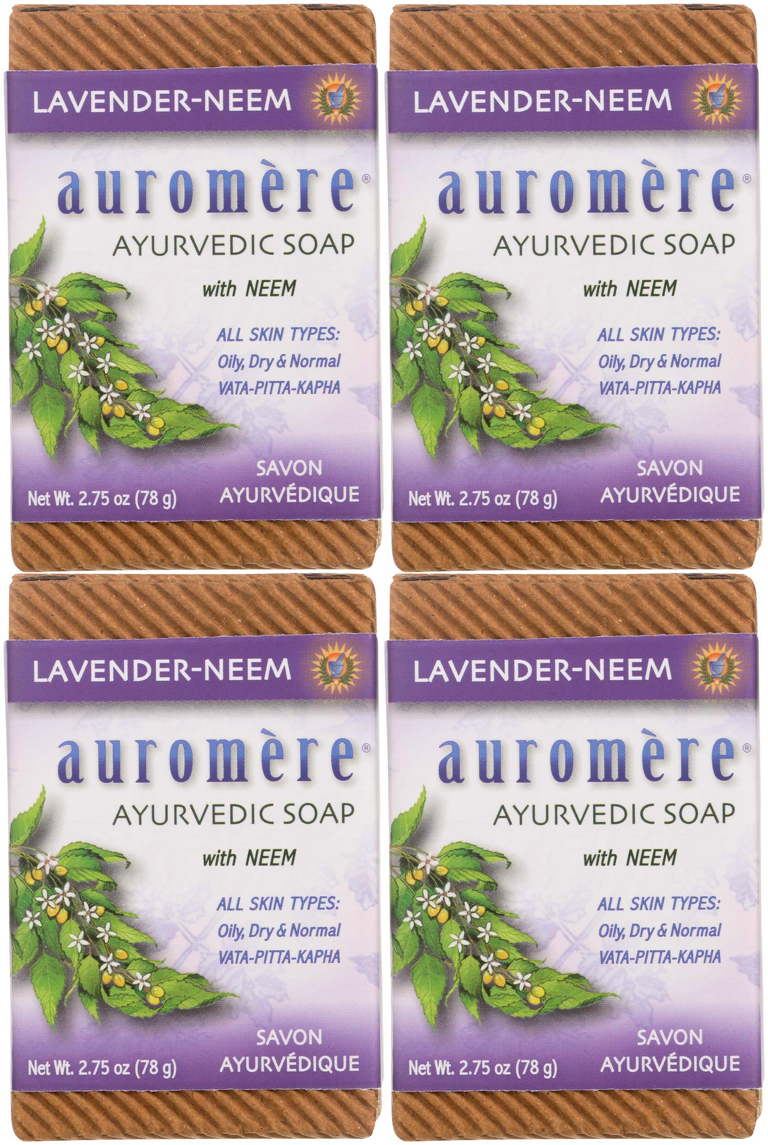 Auromere Ayurvedic Bar Soap, Lavender Neem - Eco Friendly, Handmade, Vegan, Cruelty Free, Natural, Non GMO (2.75 oz), 4 pack