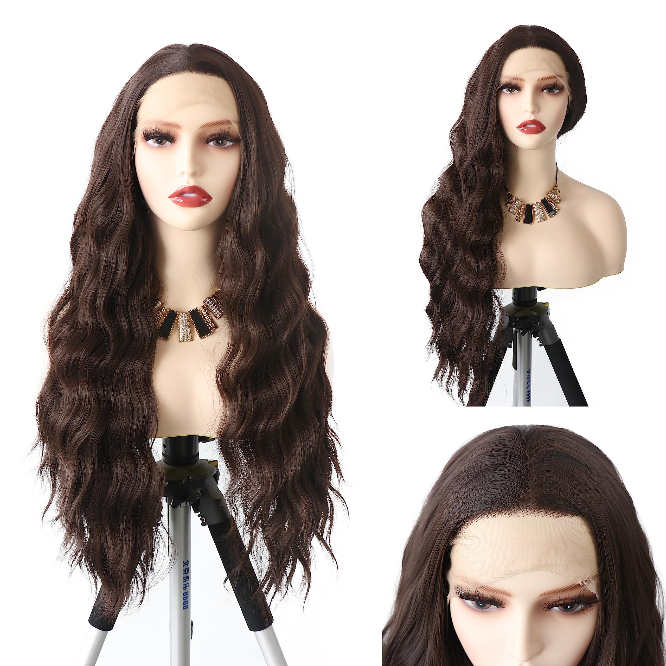 WXHWCX Long Brown Middle Part Wavy Wig For Women Heat Resistant Fiber Hair Synthetic Lace Front Wigs Daily Party Use Wigs
