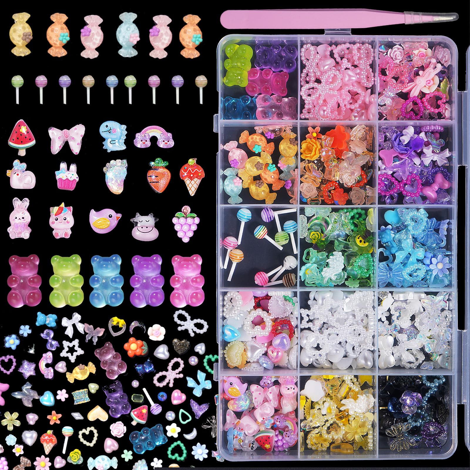 Assorted Acrylic 3D Nail Charms - Multi Color Flower Bows, Butterflies, Hearts, Pearls, Bears, Candy - Cute Nail Art DIY Crafts 