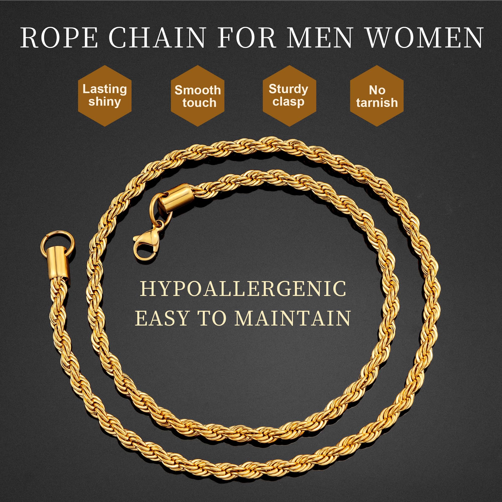 Giftall 3MM Rope Chain Necklace Stainless Steel Twist Rope Chain Necklace for Men Women 18 Inches 18K Real Gold Plated