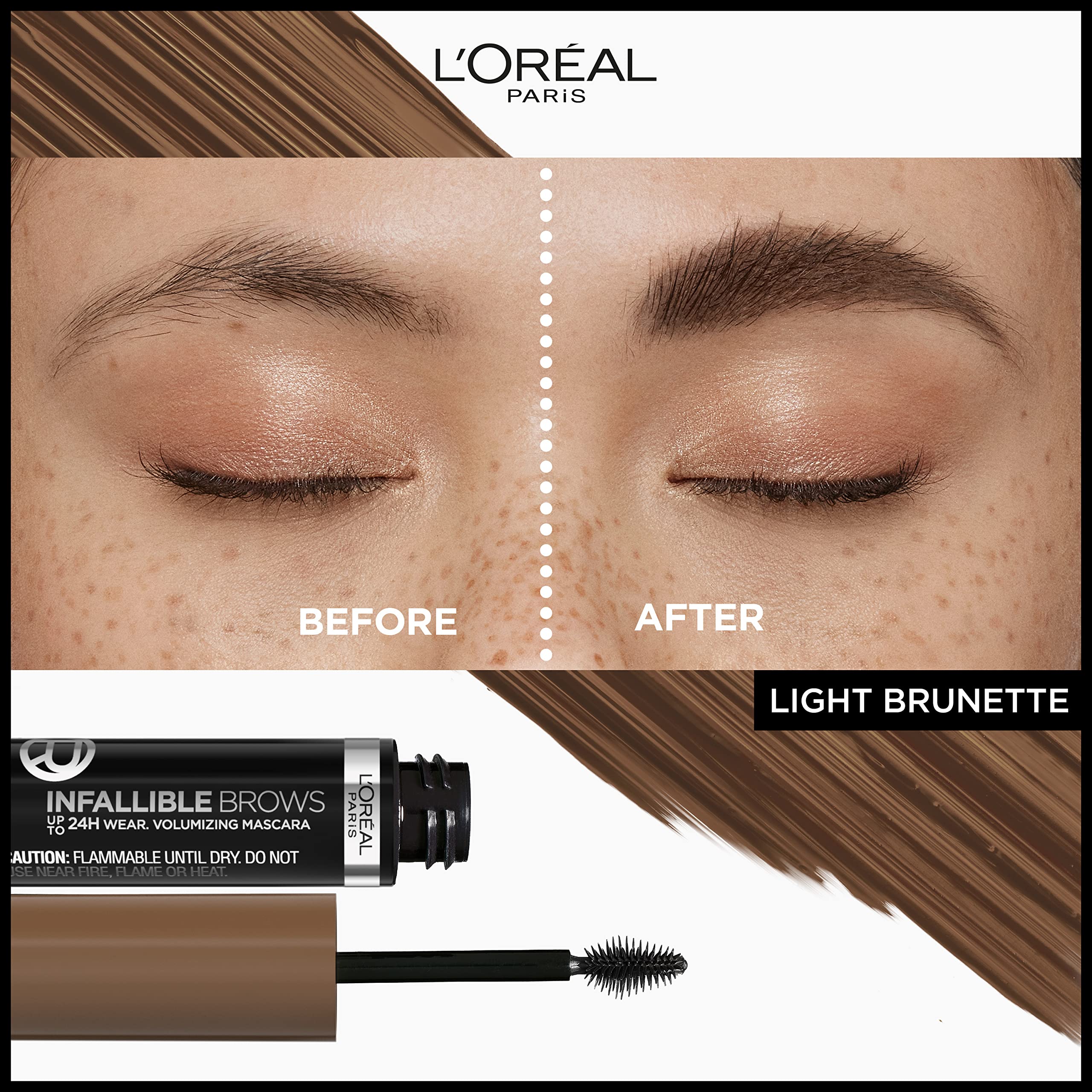 L'Oreal Paris Infallible Volumizing 24H Wear Brow Mascara, Long Lasting Eyebrow Makeup for 2X Fuller Eyebrows, 6.0 Light Brunett