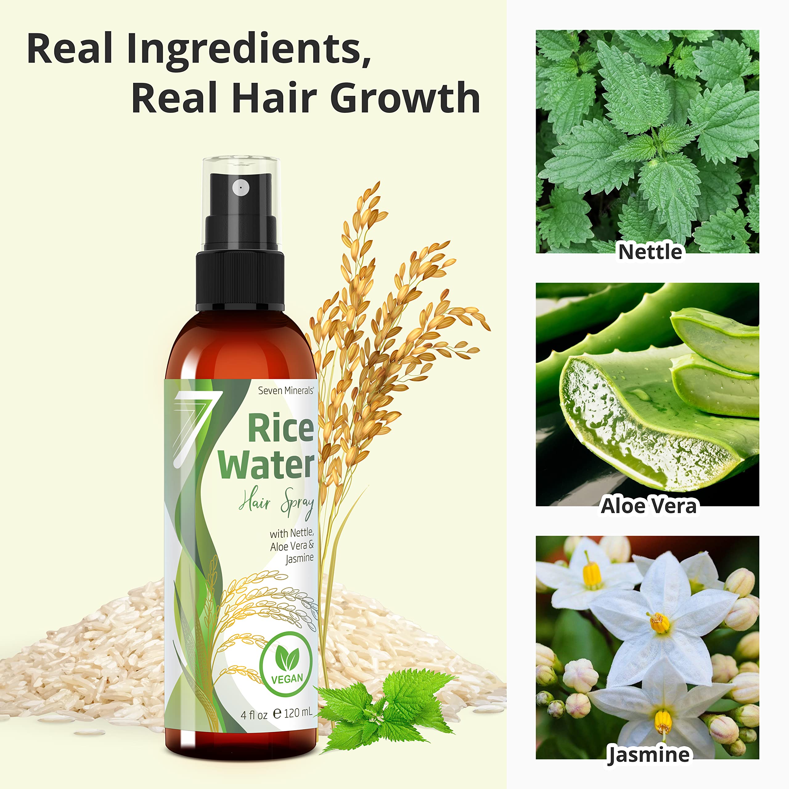 Seven Minerals, New Fermented Rice Water For Hair Growth - Blended With Nettle, Aloe Vera & Jasmine - Vegan Non-Greasy Rice Wate