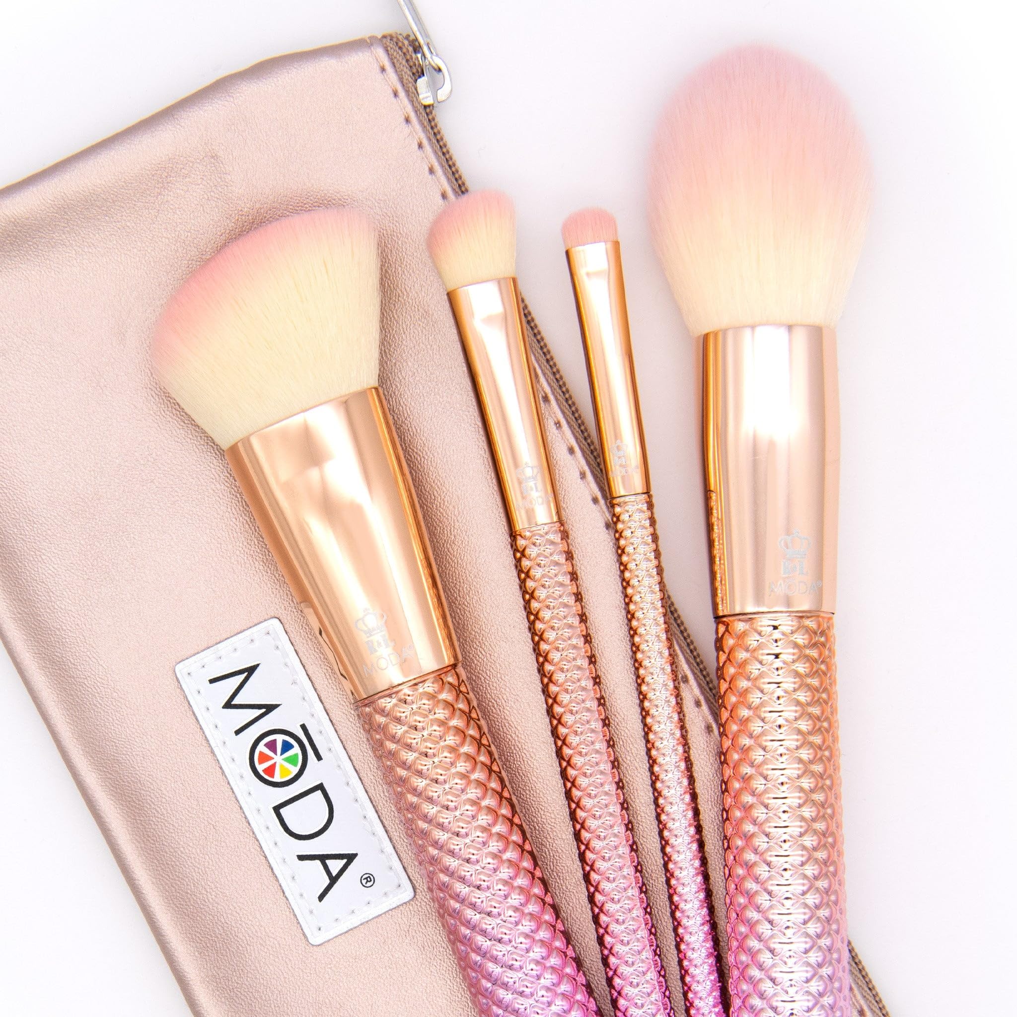 Moda Full Size Metallic Rose Complete Face 5Pc Makeup Brush Set With Pouch, Includes - Round Powder, Angle Kabuki, Angle Shader,