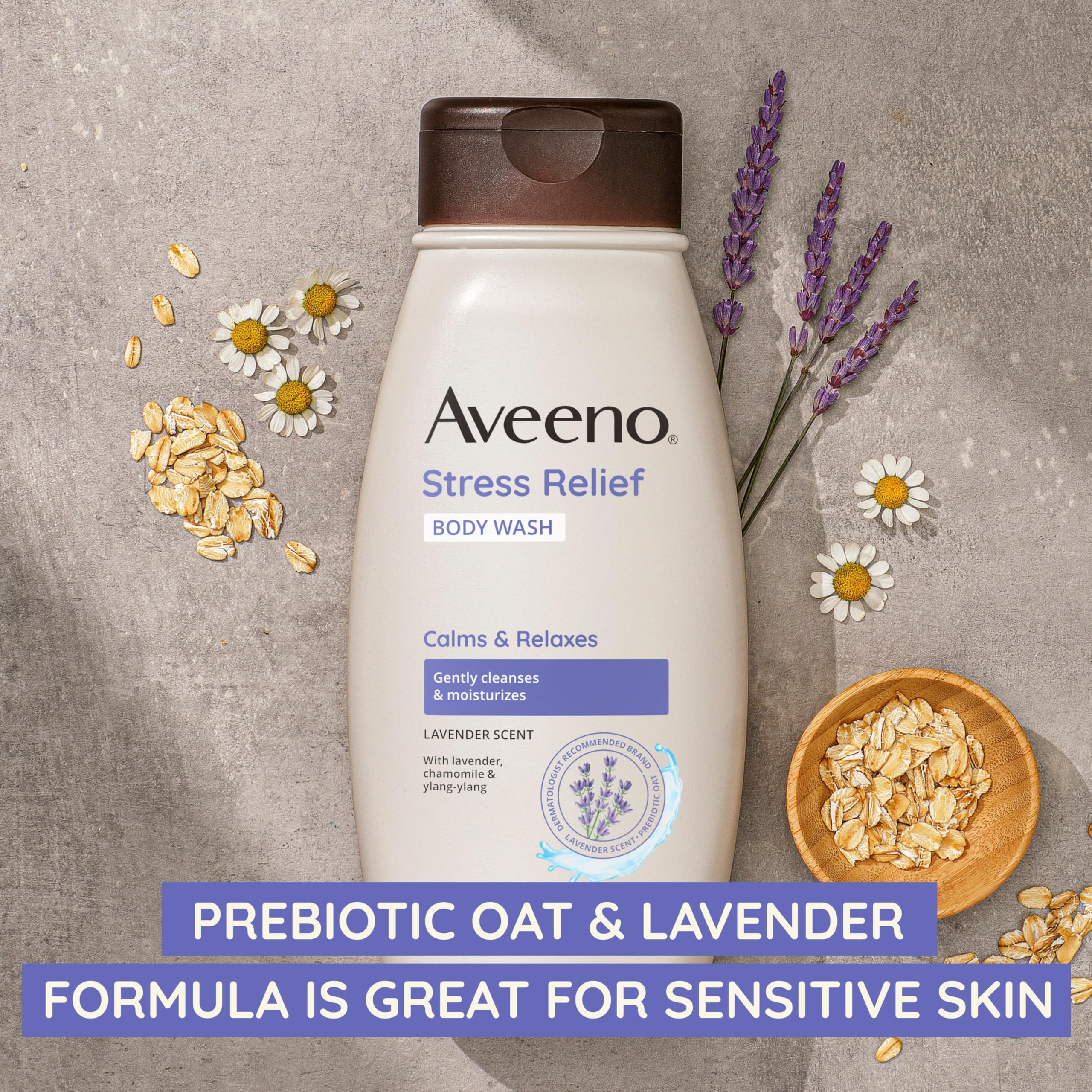 Aveeno Stress Relief Body Wash with Nourishing Oat & Lavender Scent for Sensitive Skin, Gently Cleanses & Helps You Feel Calm &