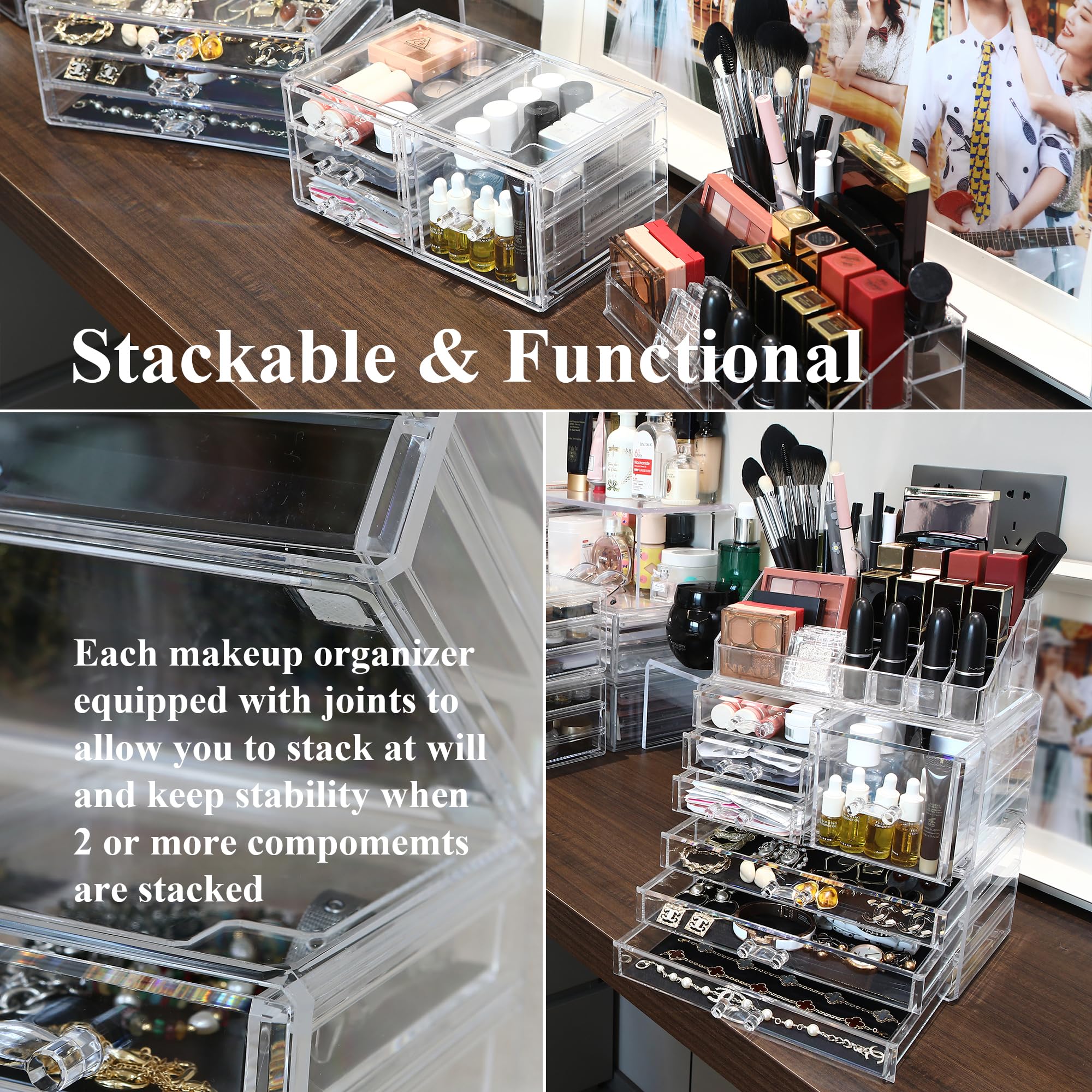 Sea Team 3-Layer Stackable Clear Makeup Organizer with Drawers, Acrylic Plastic Cosmetic Display Case, Jewelry Storage Box for D