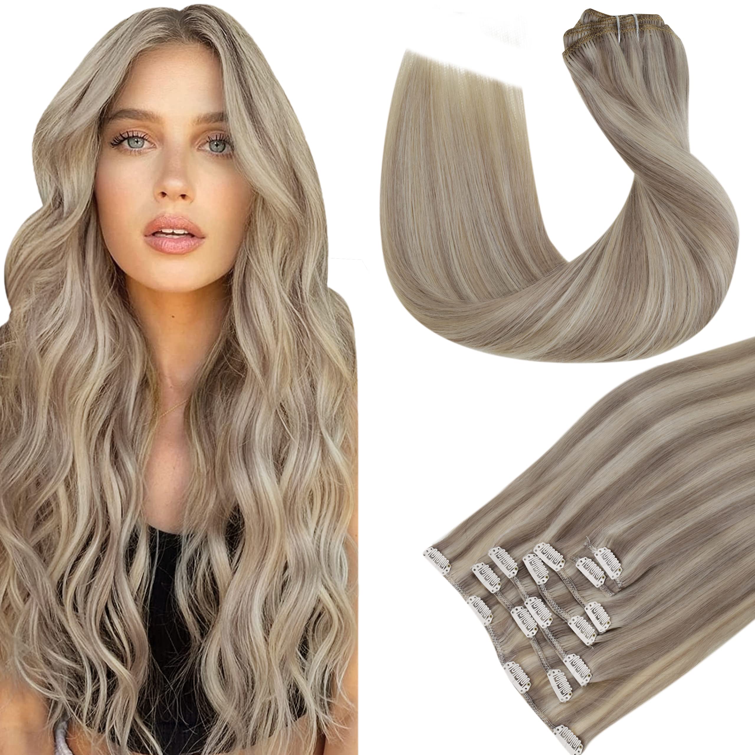 Hetto Blonde Hair Extensions Clip in Human Hair 16 Inch #17/23 Dirty Blonde Highlighted Clip in Hair Extensions Real Human Hair