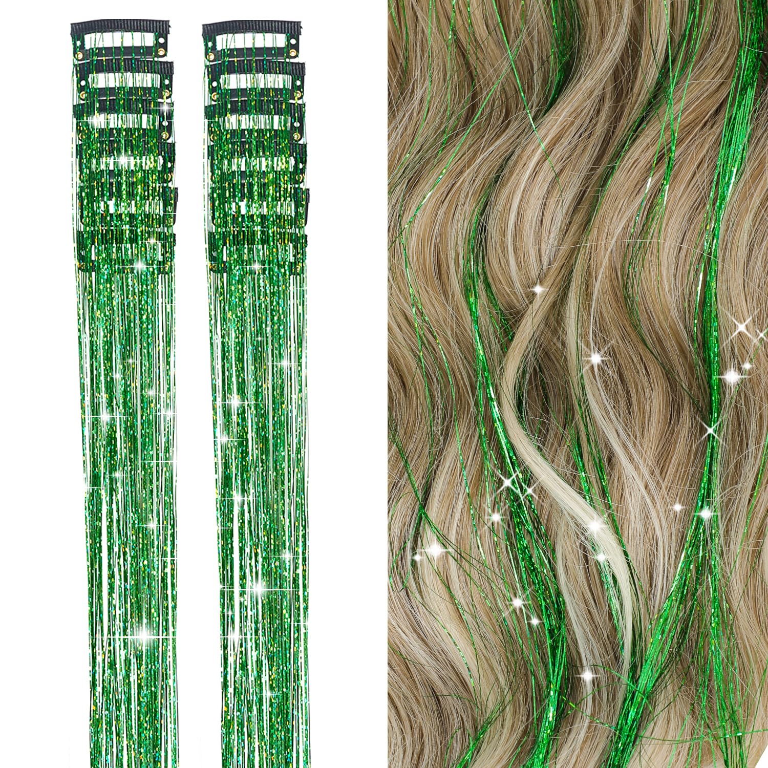 12Pcs Hair Tinsel Clip in 19.6Inch Glitter Tinsel Hair Extensions Clip in Hair Tinsel Kit Heat Resistant Shiny Sparkle Fairy Hai
